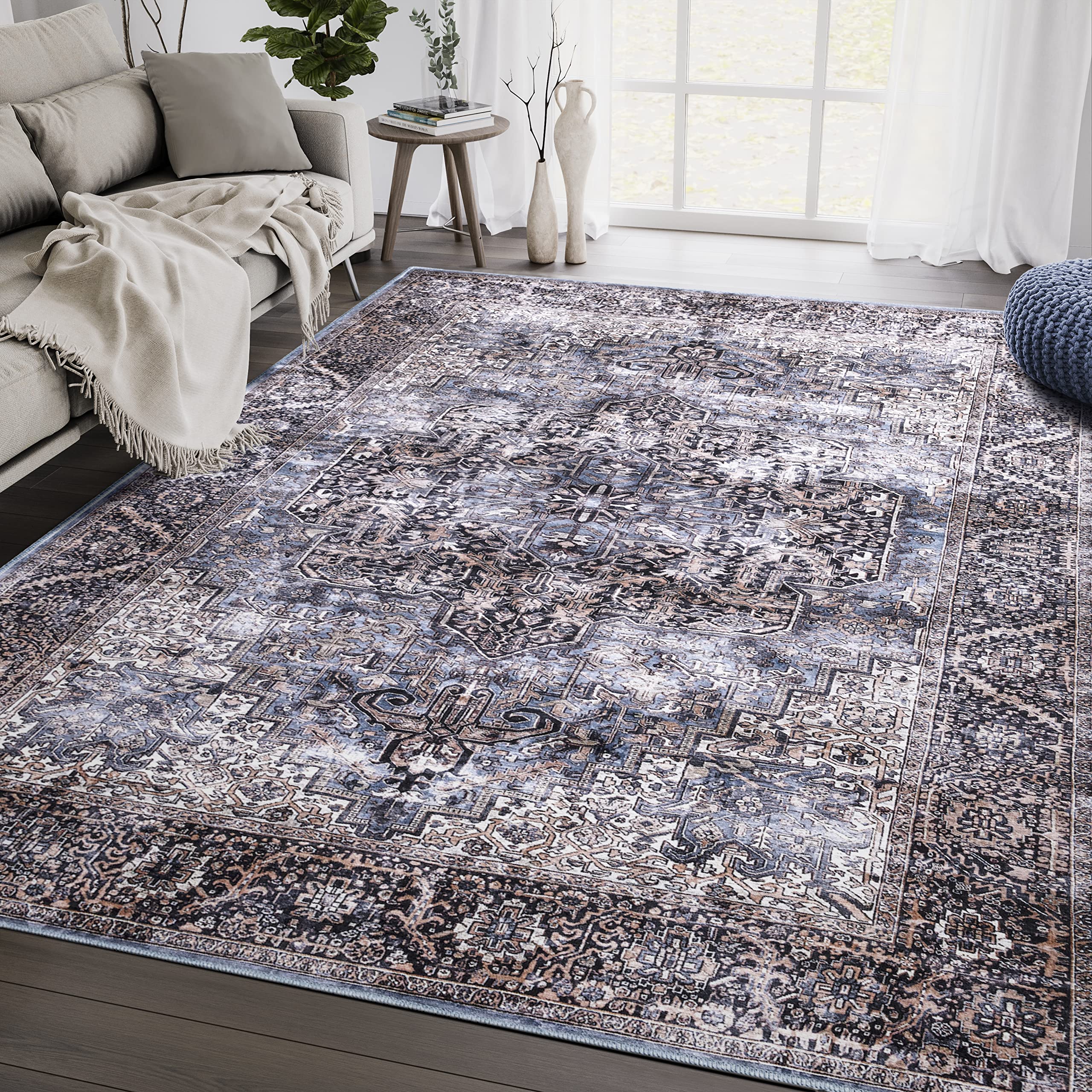 Abani 5' x 8' Machine Washable Vintage Style Rectangular Area Rug - Blue Brown Black Polypropylene Non-Shedding Stain Resistant for Living Room Bedroom Office Decor