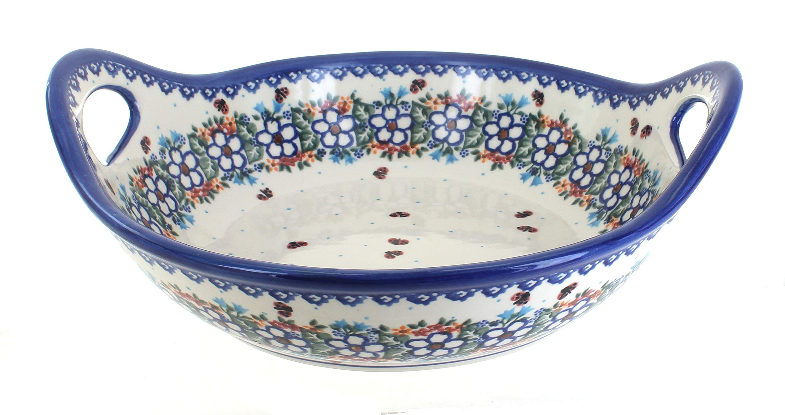Handmade Blue Rose Polish Pottery Scarlett Deep Bowl with Handles - Elegant Serving Bowl for Soups, Salads & Home Decor - Perfect for Dining, Entertaining & Kitchen Display