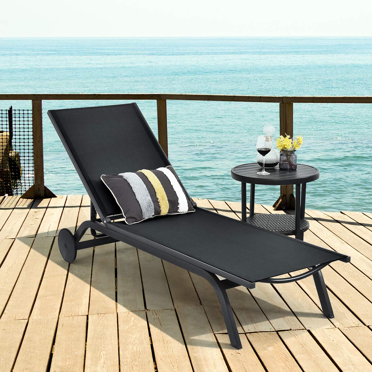 **Giantex Adjustable Aluminum Patio Lounge Chair with 6-Position Recliner & Wheels - Outdoor Chaise Lounge for Poolside, Beach, Garden, and Backyard Sunbathing (2-Pack, Black)**