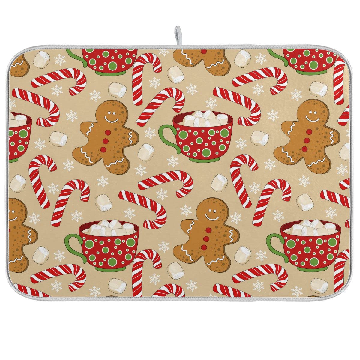 Christmas Gingerbread Man Candy Cane Dish Drying Mat - Absorbent Reversible Microfiber Kitchen Mat for Winter & Xmas Decor (16x18 Inch) - Perfect for Holiday Dish Drying, Counter Protection & Festive Kitchen Decor