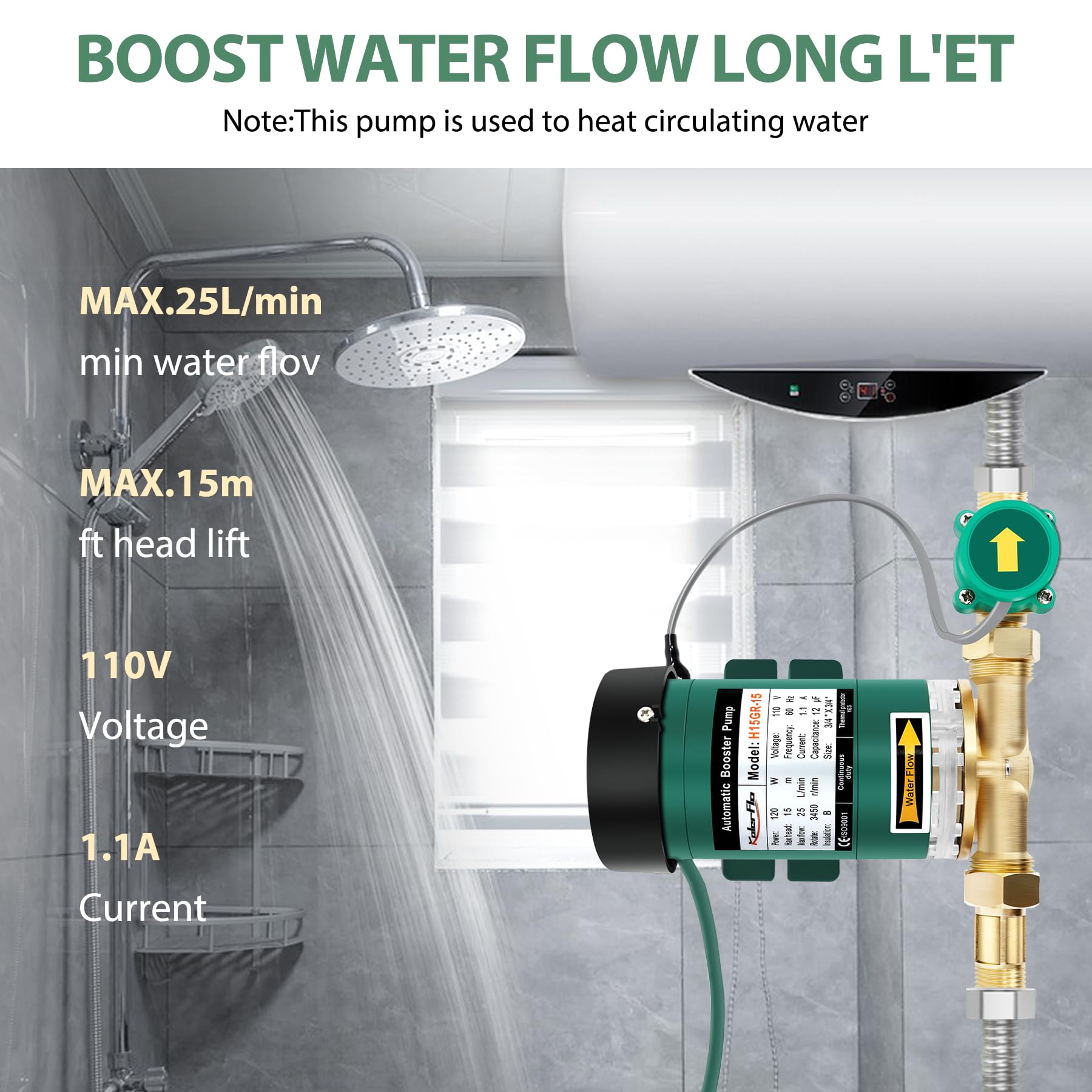 120W High-Pressure Water Booster Pump 115VAC, 396 GPH, 21.7 PSI - Automatic Household Water Pressure Booster with Flow Switch for Kitchen, Bathroom, Shower & Garden Irrigation (H15GR-15) - Perfect for Low Water Pressure Homes & Apartments
