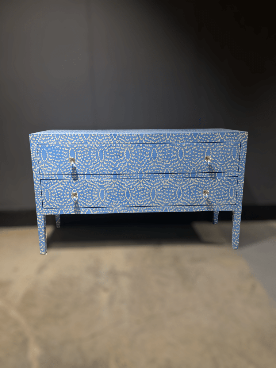 Handmade Bone Inlay Dresser - Blue Indian Style Wooden Chest of Drawers for Bedroom & Living Room Storage | Vintage Boho Furniture Decor