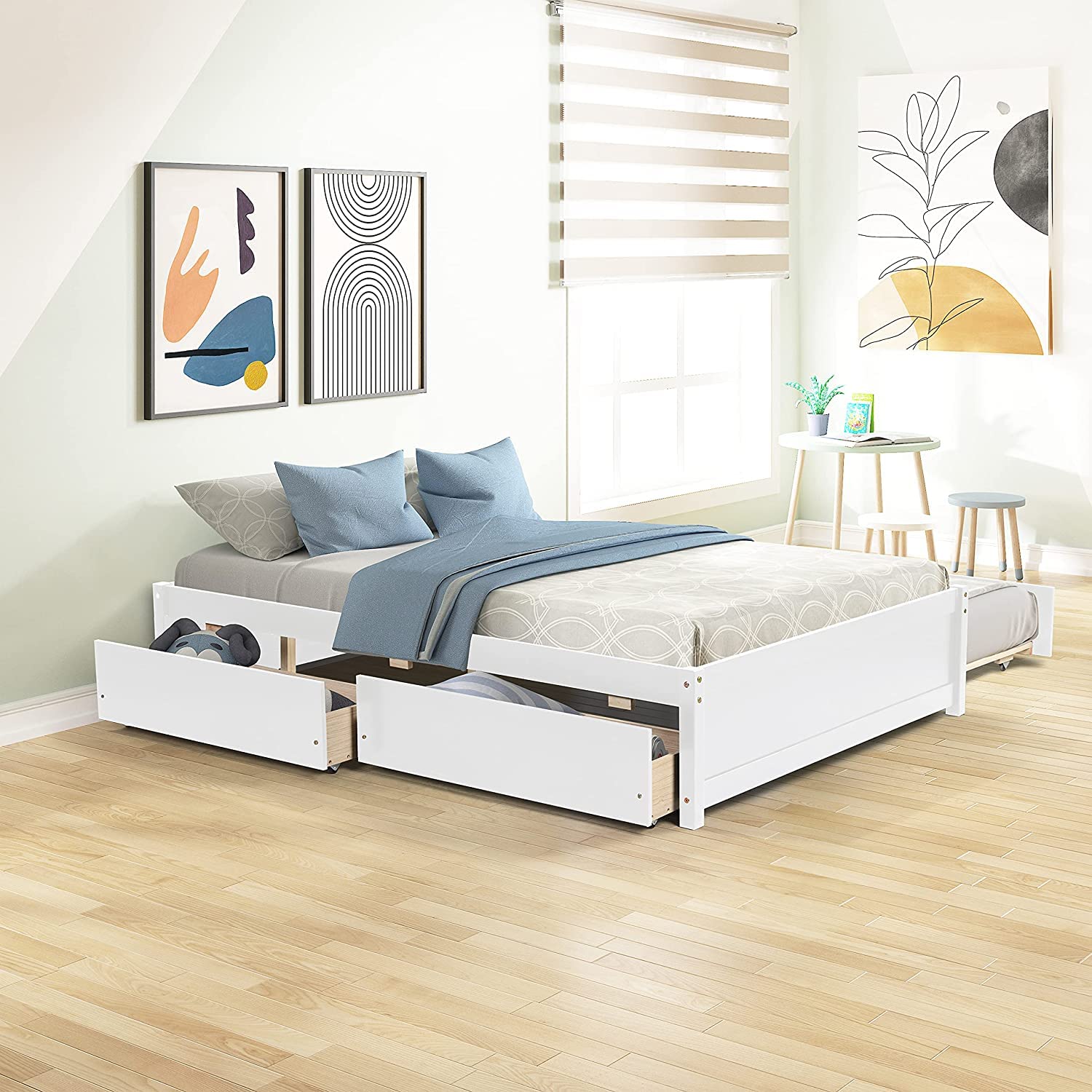 Rophefx Solid Wood Full Size Platform Bed with Twin Trundle & 2 Drawers - Kids Bedroom Furniture for Small Spaces, Guest Room & Sleepovers (White)