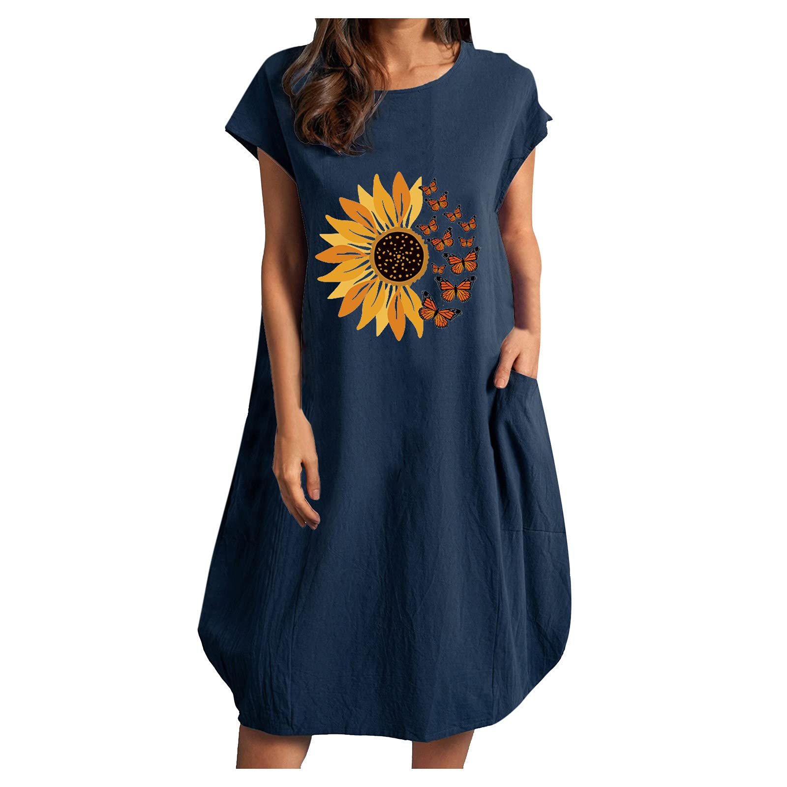 Linen Short Sleeve O-Neck Printed Women's Casual Dress with Pockets - Loose Fit Summer Dress for Beach, Vacation & Everyday Wear