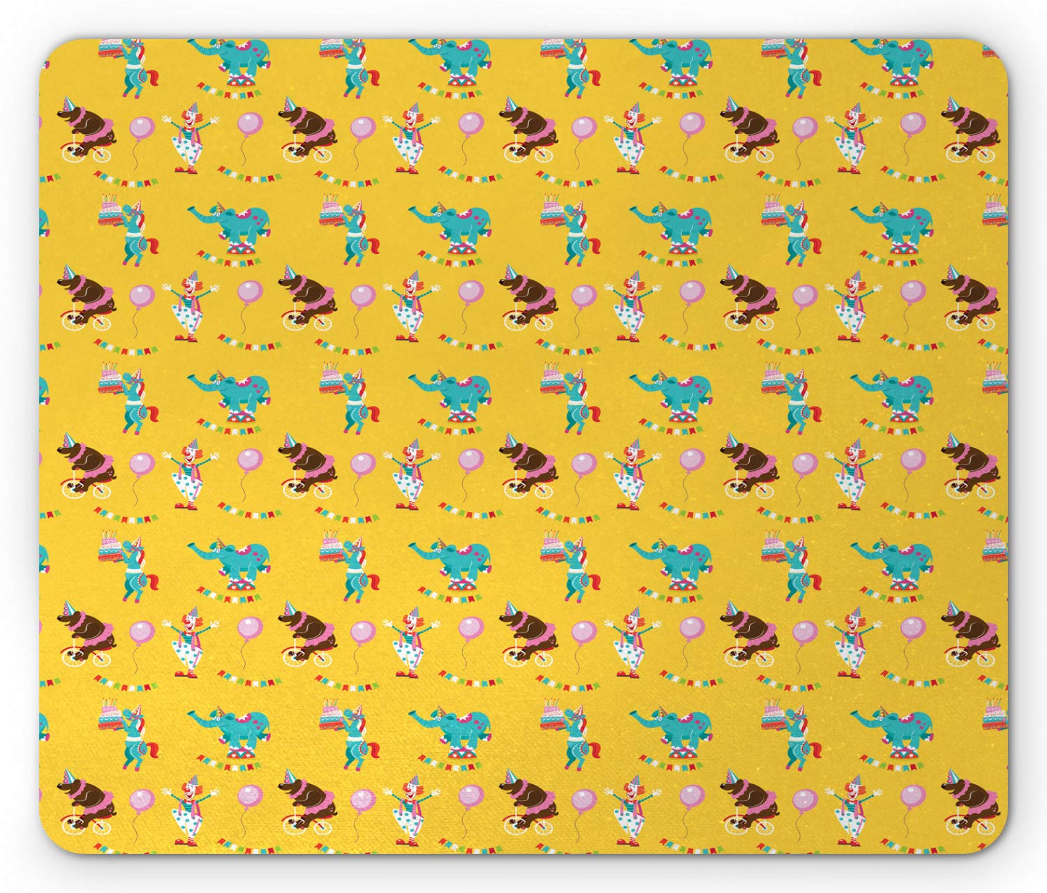 Ambesonne Clown Mouse Pad - Non-Slip Rubber Mousepad with Birthday Party Theme, Balloons Flags & Circus Animals Pattern, Standard Size Rectangle Mouse Pad in Mustard Multicolor - Perfect for Office, Gaming & Home Computer Use