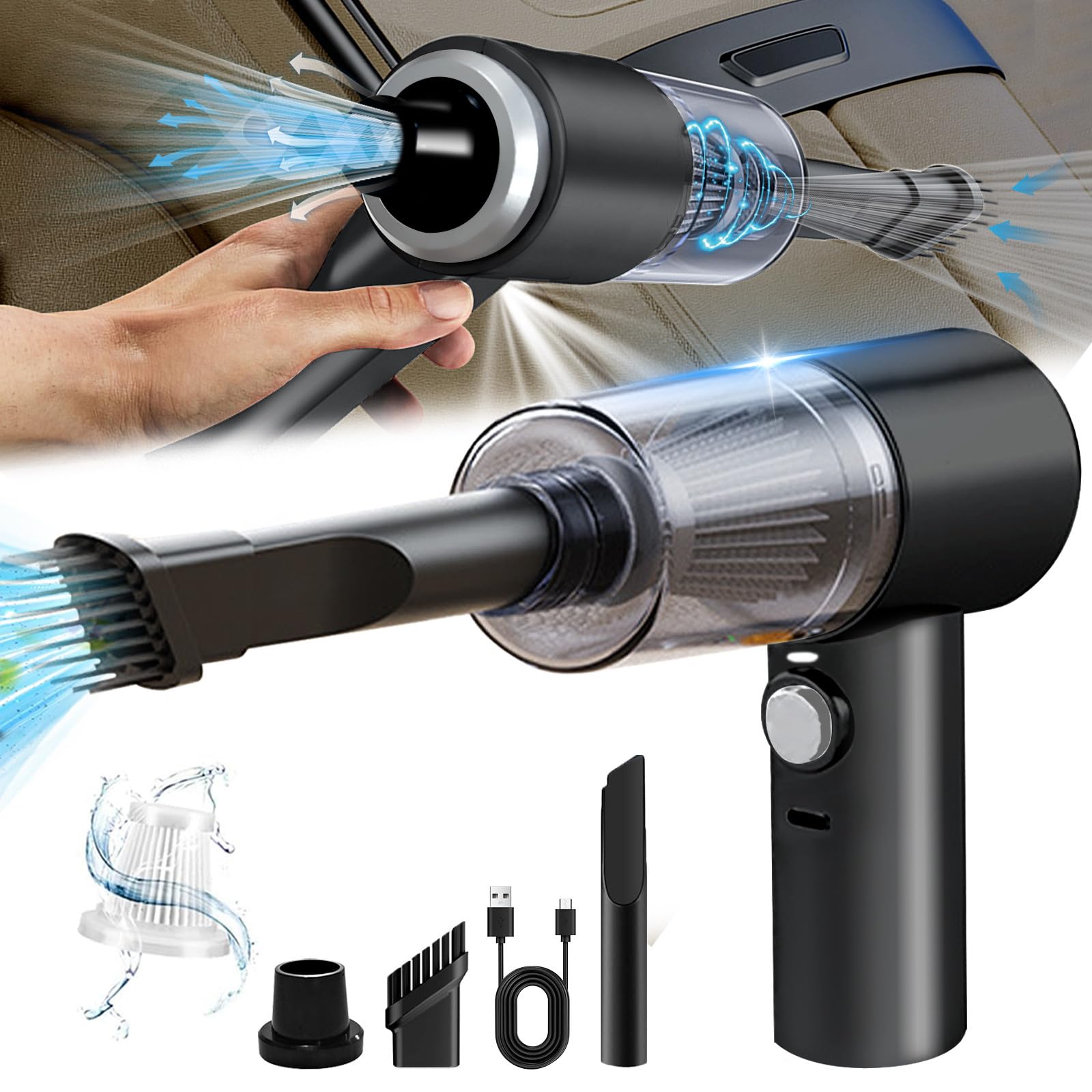 4000Pa Powerful Handheld Car Vacuum Cleaner - 2-in-1 Mini Dust Buster with USB Light | Portable Auto Vacuum for Car Seats, Home & Office Use