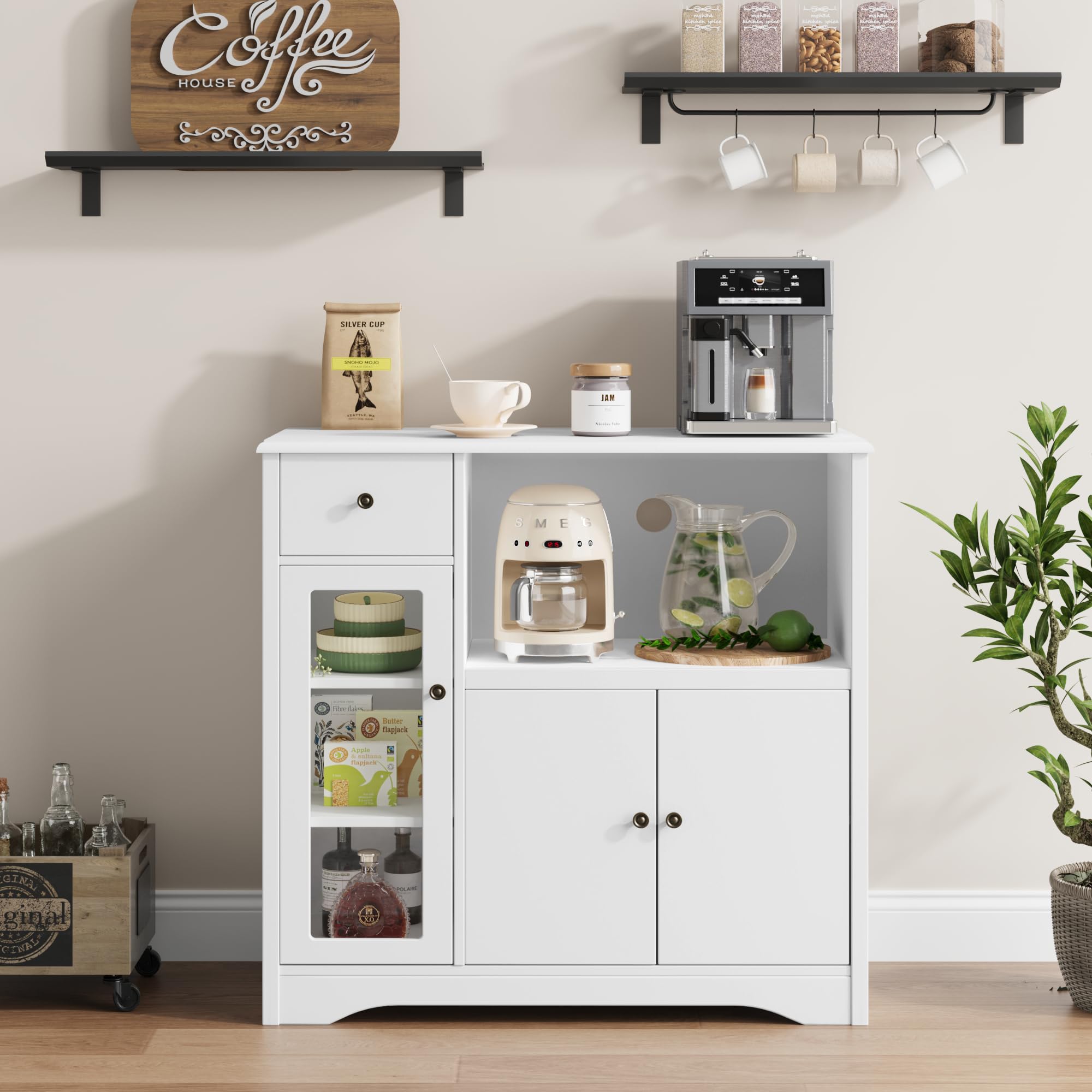 HORSTORS 3-Door Storage Cabinet with Adjustable Shelves & Drawer - White Kitchen Buffet Sideboard for Microwave, Dining Room & Home Organization