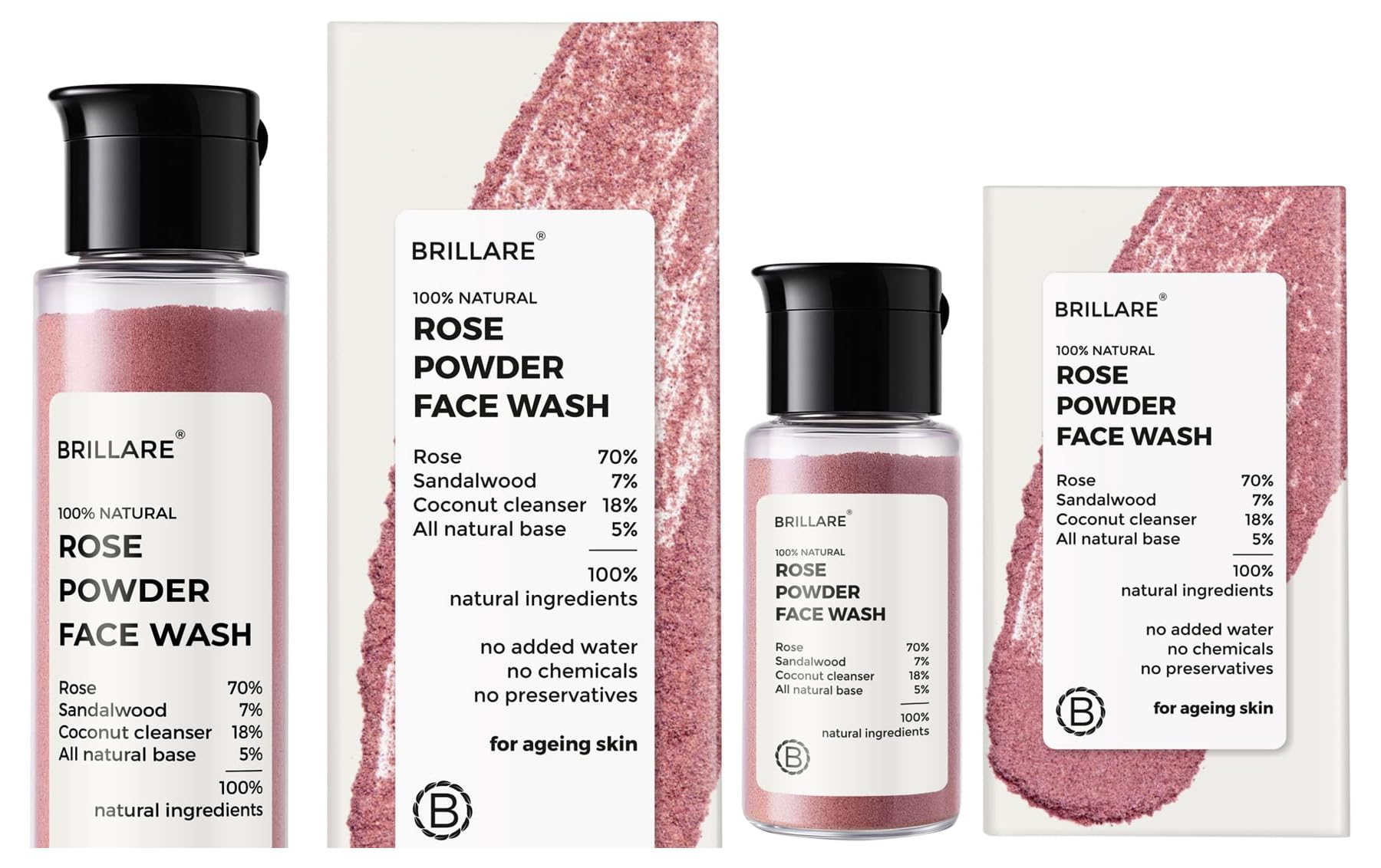 Brillare Rose Face Wash with Sandalwood & Coconut – Anti-Aging & Hydrating Facial Cleanser for Glowing Skin – 30g & 15g Combo Pack – Perfect for Daily Skincare Routine & Travel