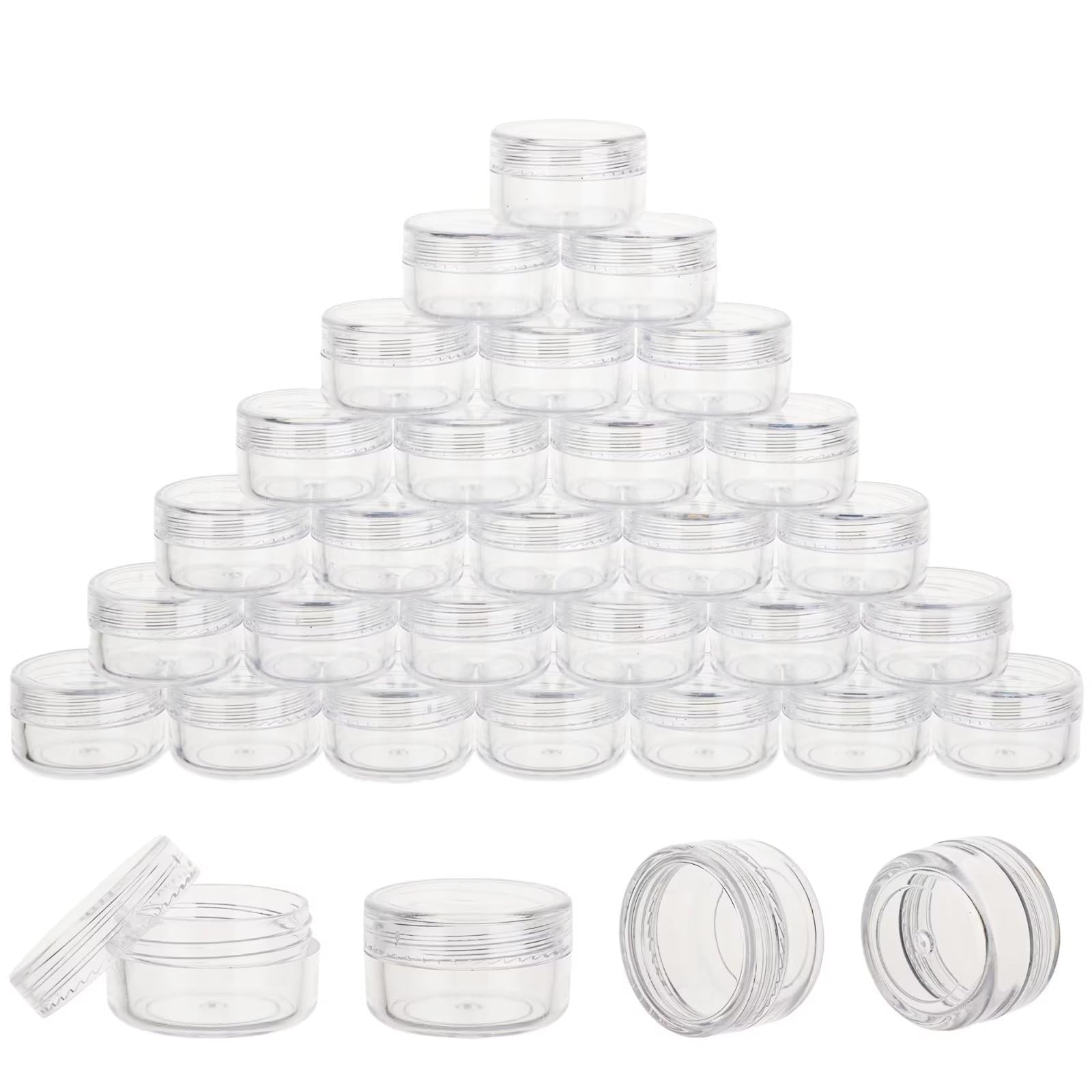 50-Pack 5g Clear Plastic Sample Jars with Lids & 4 Mini Spoons - Small Lip Balm Containers with 50 Labels - Perfect for DIY Cosmetics, Travel Toiletries & Essential Oil Storage