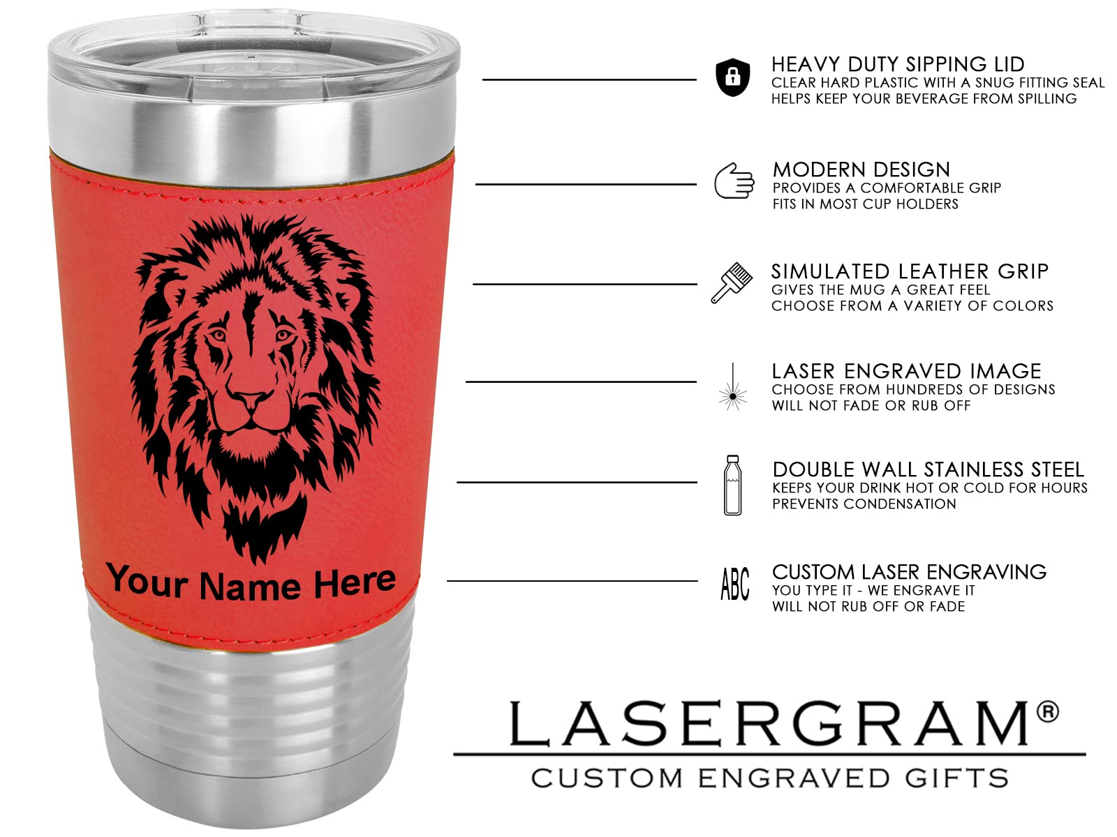 LaserGram 20oz Vacuum Insulated Stainless Steel Tumbler Mug with Personalized Engraving - Old Farm Tractor Design, Faux Leather Handle, Red - Perfect for Coffee, Tea & Cold Drinks at Home, Office or Outdoor Activities