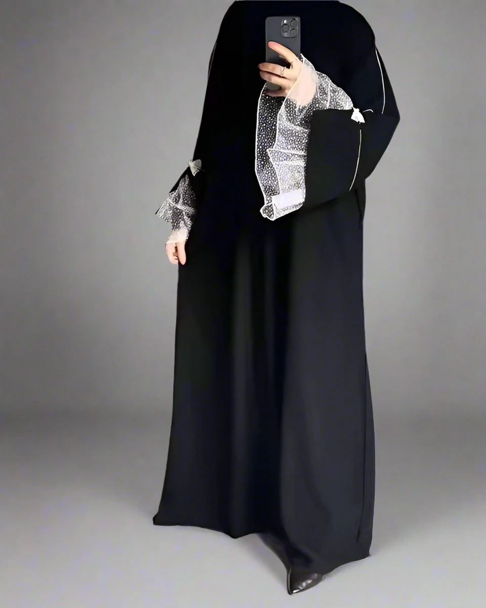 Elegant Nida Lace Abaya Dress for Women - Modest Islamic Prayer Dress with Embroidery Details - Perfect for Eid, Wedding & Special Occasions