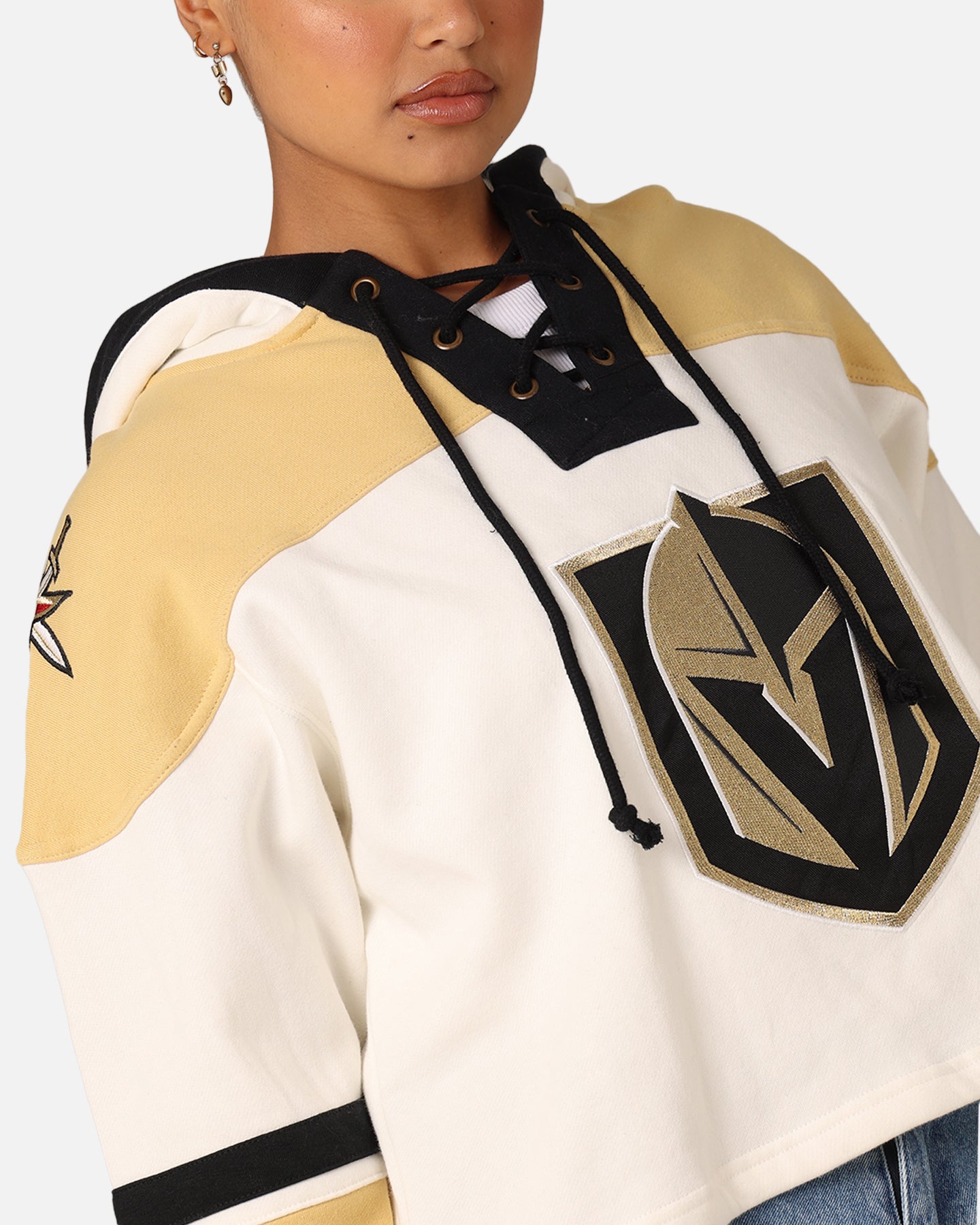47 Brand Women's Vegas Golden Knights Cropped Lace-Up Hoodie - White Washed Distressed Style for Game Day & Casual Streetwear