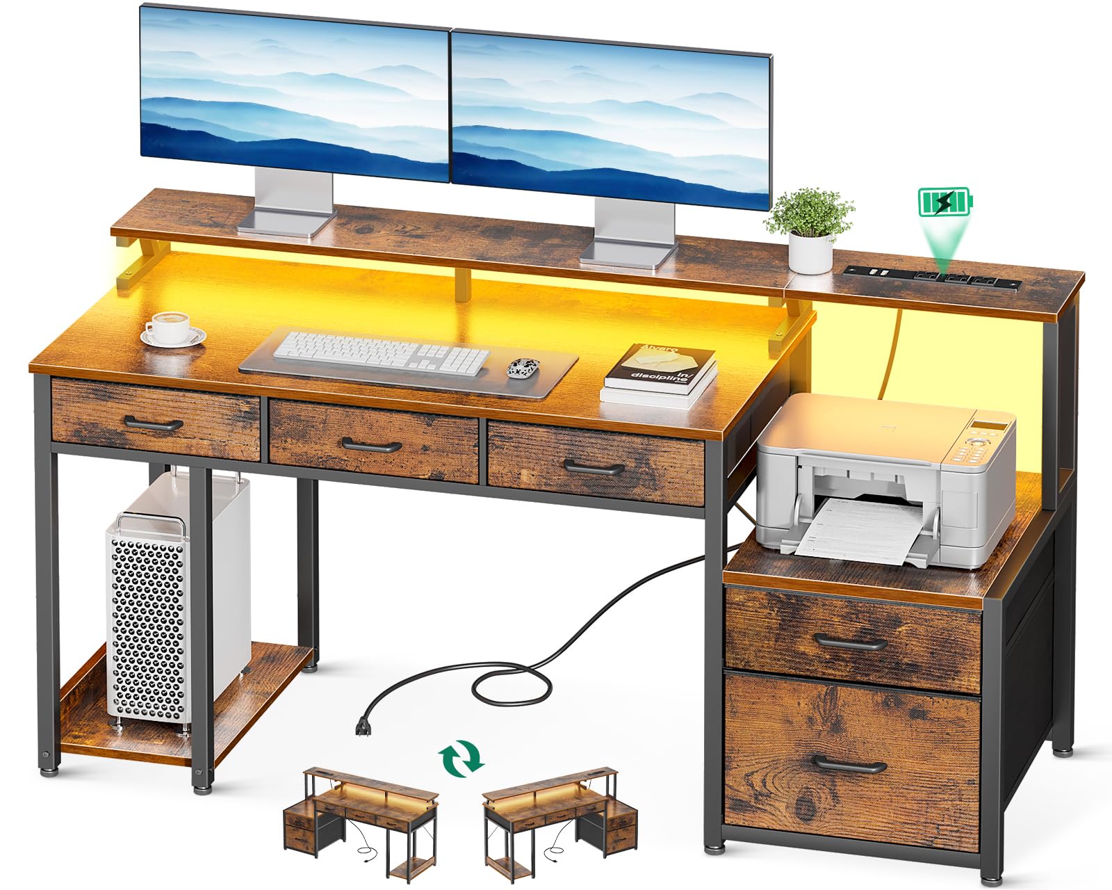 AODK 55 Inch Vintage Computer Desk with 3 Drawers & File Cabinet - Home Office Desk with Monitor Stand & LED Lights - Perfect for Small Spaces, Gaming Setup & Remote Work
