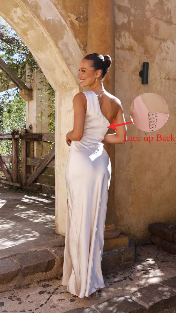 Elegant One Shoulder Long Satin Mermaid Bridesmaid Dress with High Slit - Women's Formal Prom Party Gown for Weddings, Evening Events & Special Occasions