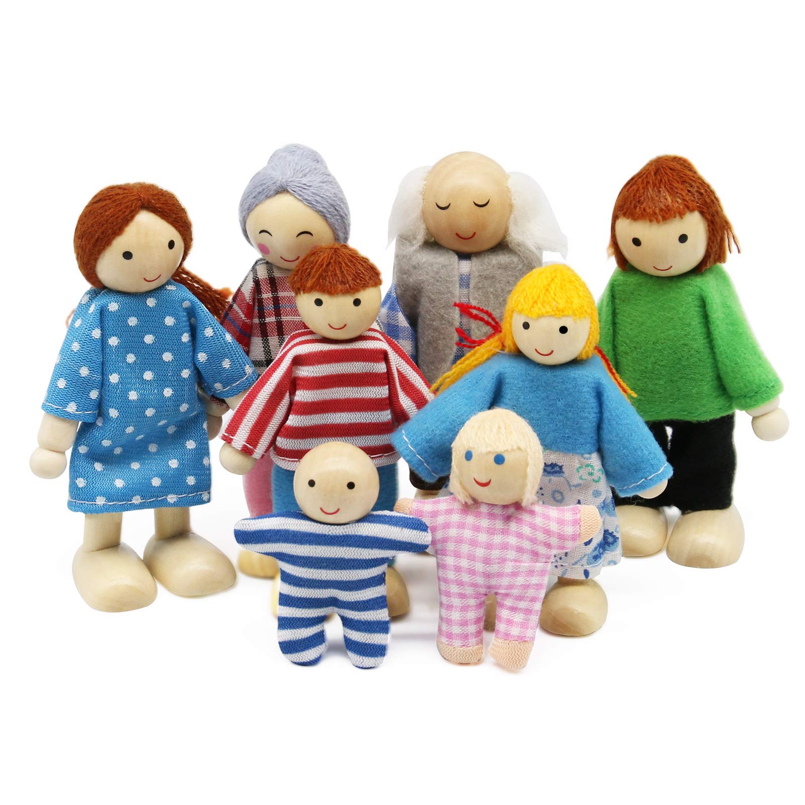 Wooden Dollhouse Family Set - 8 Miniature Doll Figurines for Dollhouse Accessories, Perfect for Kids & Girls Playtime, Pretend Play, and Collectors