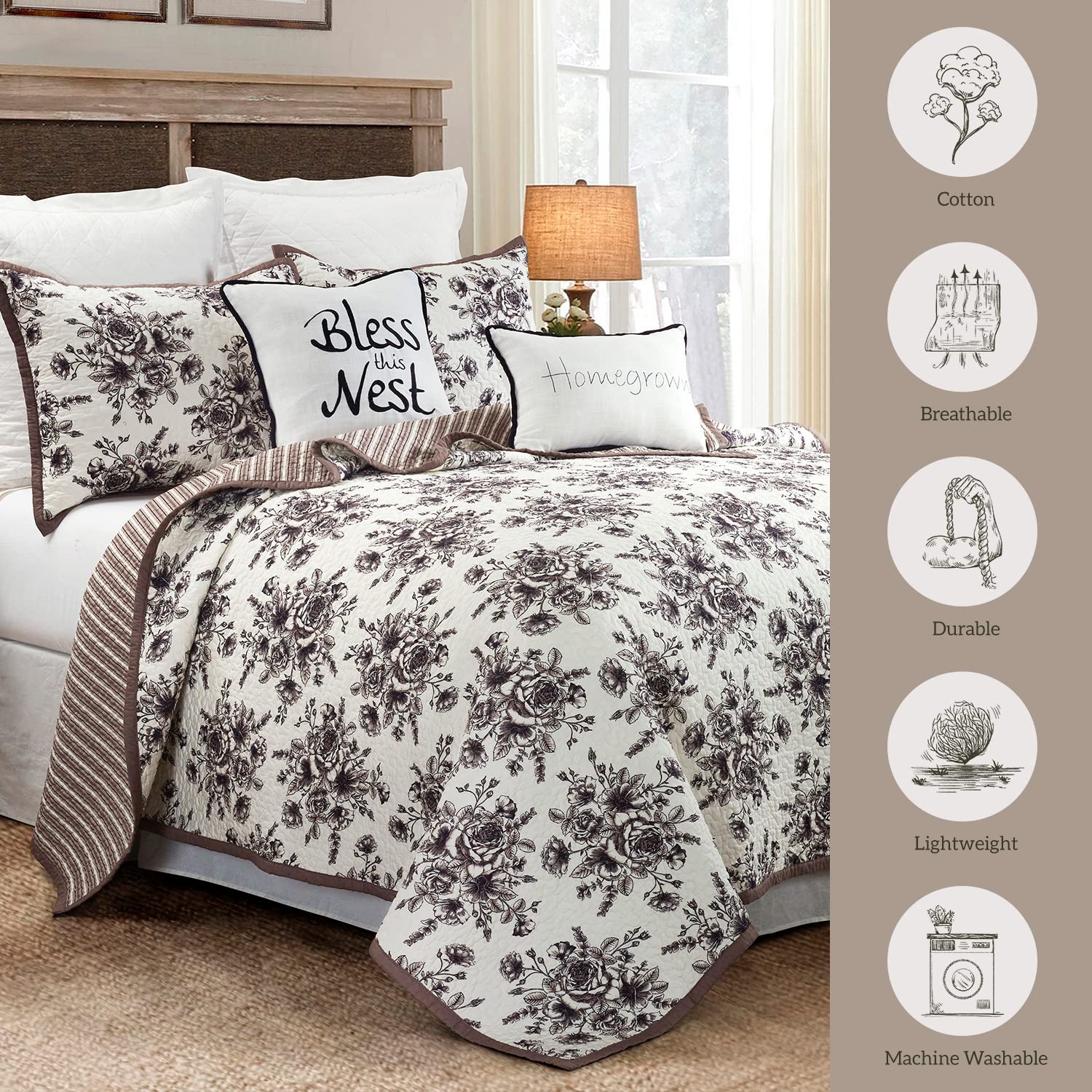 HiEnd Accents Lyla 3-Piece Reversible Floral Cotton Quilt Set with Pillow Shams - Super Queen Size, Luxury Farmhouse Bedding for Romantic Bedroom Decor | Perfect for Master Bedrooms, Guest Rooms & Cozy Farmhouse Styling