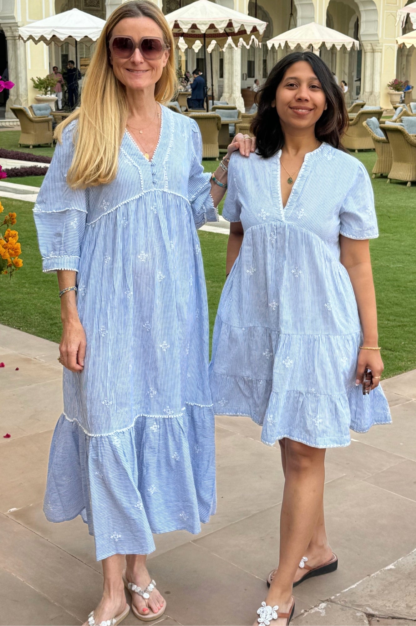 India Embroidered Organic Cotton Dress | Stripe Blue/White | Boho Chic Summer Dress for Women | Perfect for Beach Vacations & Casual Outings