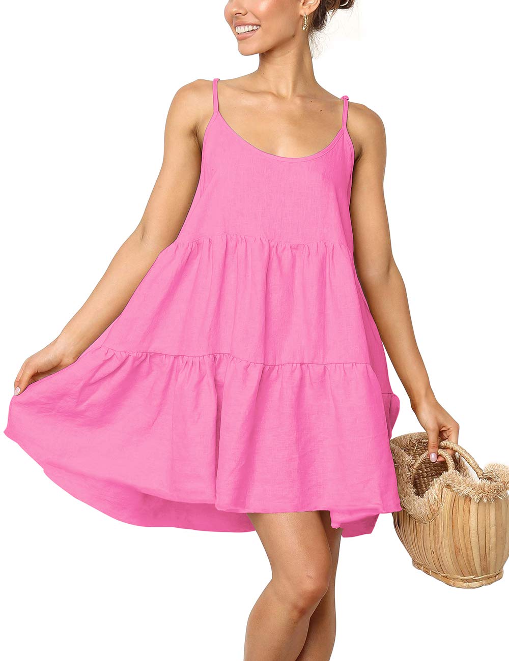 LOMON Women's Spaghetti Strap Pleated Swing Dress - Backless Casual Mini Dress for Summer, Beach, Party & Night Out