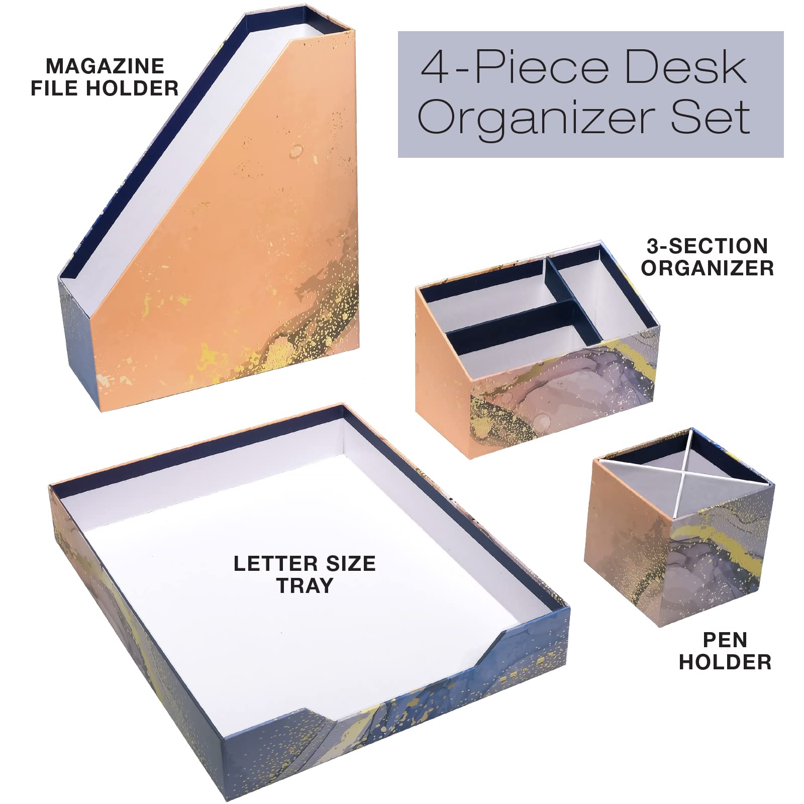 Floral Marble Desk Organizer Set for Office & Home Decor