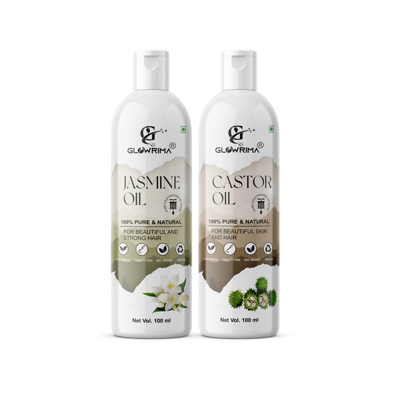 Glowrima 100% Pure Jasmine Oil & Castor Oil Combo Set (100ML Each) - Promotes Fast Hair Growth, Reduces Hair Loss, Repairs Split Ends for Soft & Shiny Hair - Perfect for Daily Hair Care & Scalp Massage (Pack of 2)