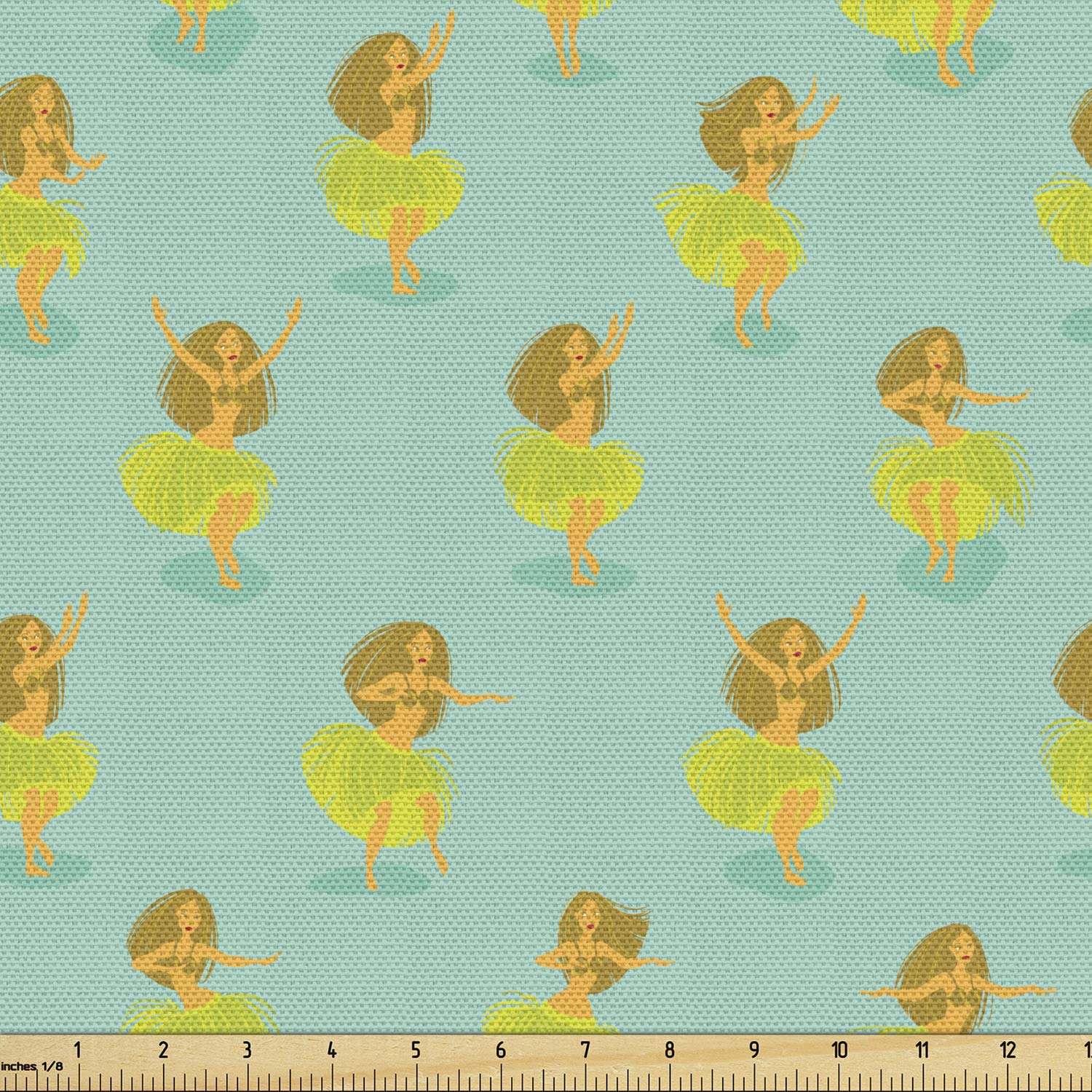 Ambesonne Hula Girl Fabric by The Yard - Polynesian Dancer Print, Exotic Tropical Culture Design for Upholstery, Curtains & Home Decor - 10 Yards Turquoise Apple Green - Perfect for Hawaiian-Themed Parties, Summer Decor & Tahiti Vacation Inspired Interiors