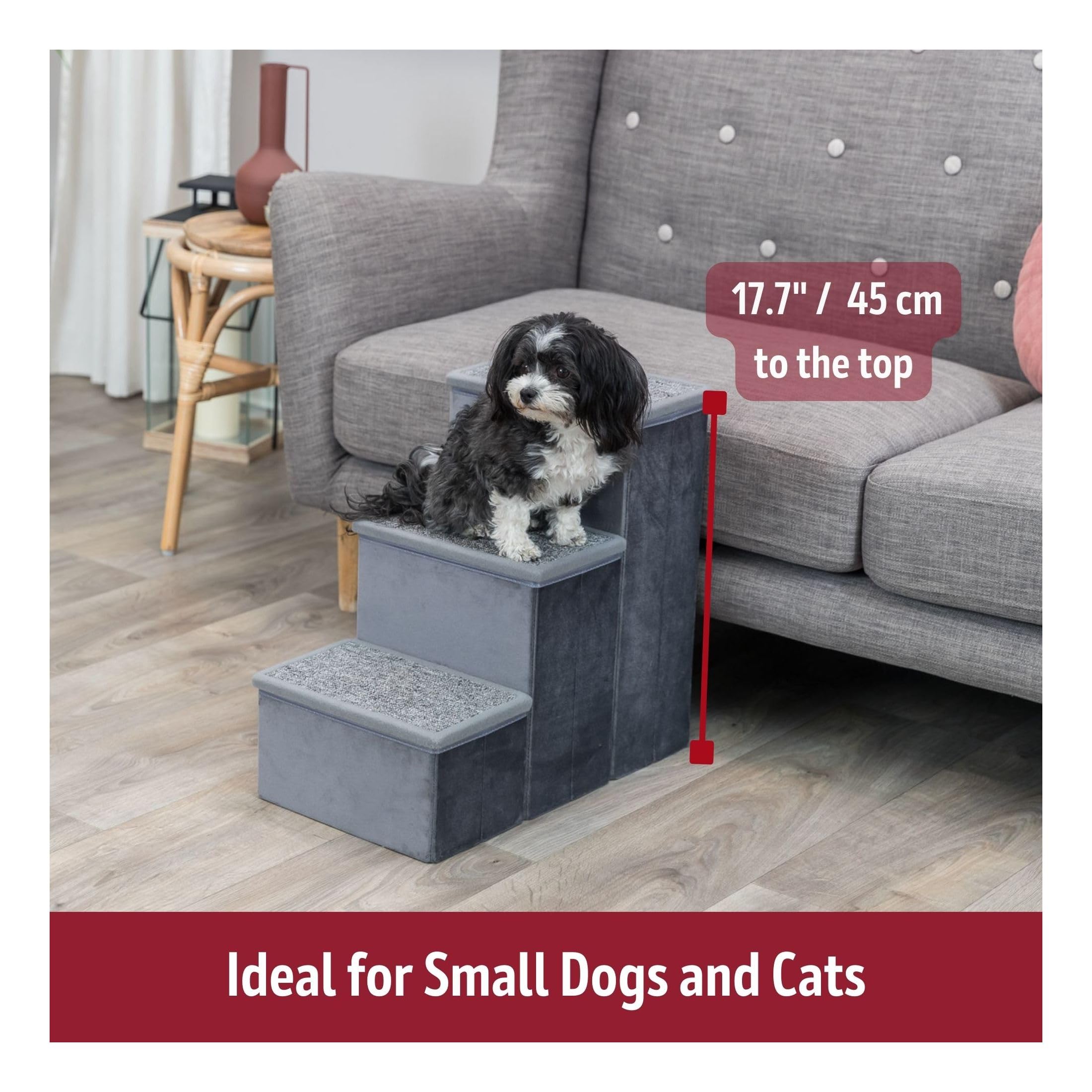 TRIXIE Velour 3-Step Pet Stairs with Storage | Collapsible Dog Steps for Small & Medium Dogs | Storage Compartments for Pet Toys & Supplies | Soft Gray | Perfect for Bed, Couch & Car Access