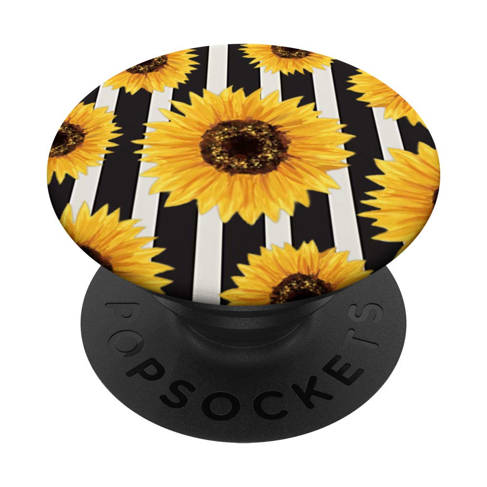 Sunflower Stripes Floral Print Black Cream PopSockets PopGrip - Swappable Phone & Tablet Grip for Enhanced Comfort and Style, Perfect for Everyday Use and Travel