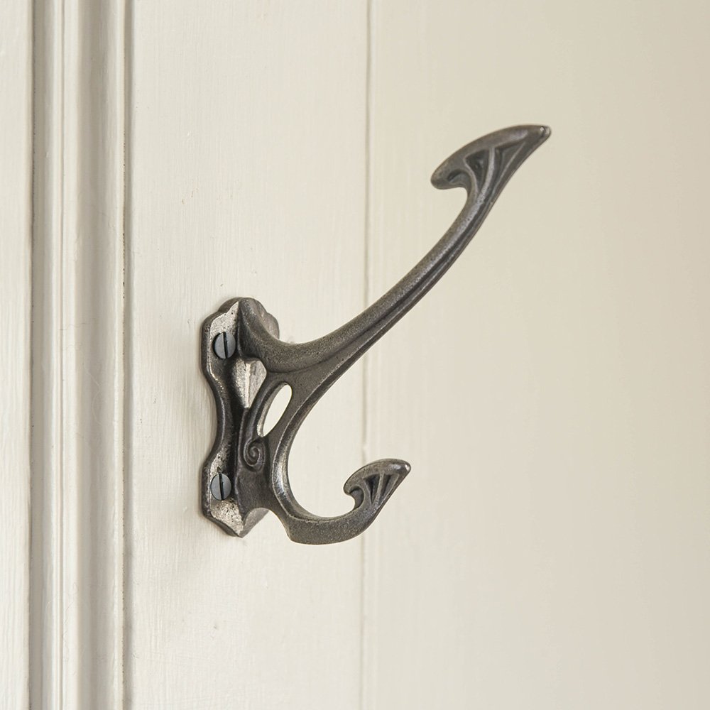Vintage Art Nouveau Style Monroe Double Coat Hook - Heavy Duty Cast Iron Wall Mount for Hats, Jackets & Bags - Perfect for Entryway, Mudroom & Bathroom Organization