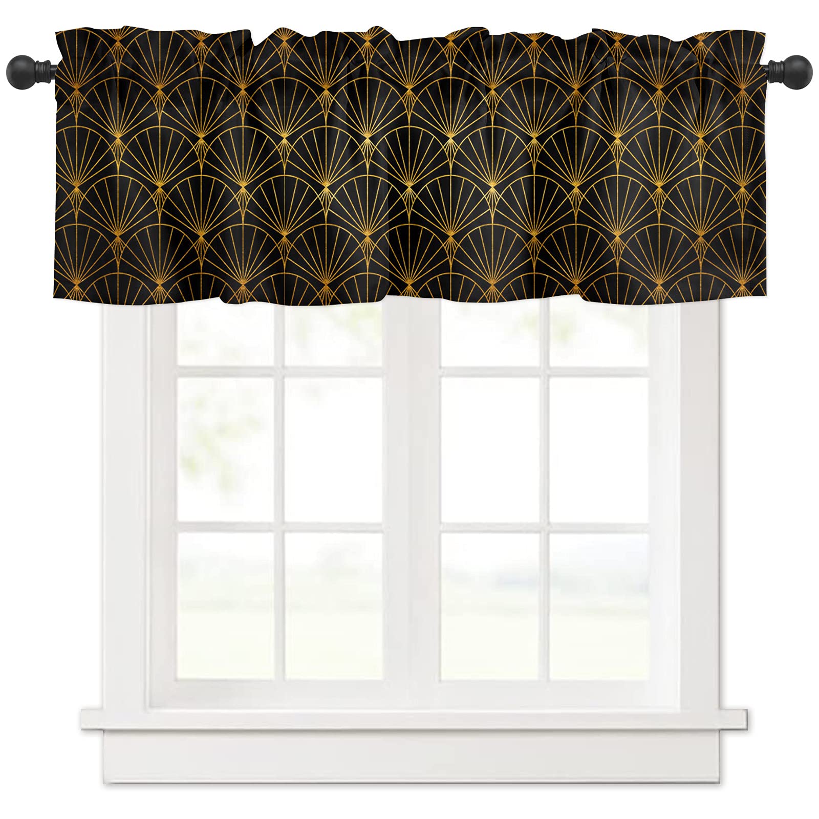 Ocean Fish Scale Geometric Window Valances - Black Gold, 54x18 Inch for Kitchen & Bedroom