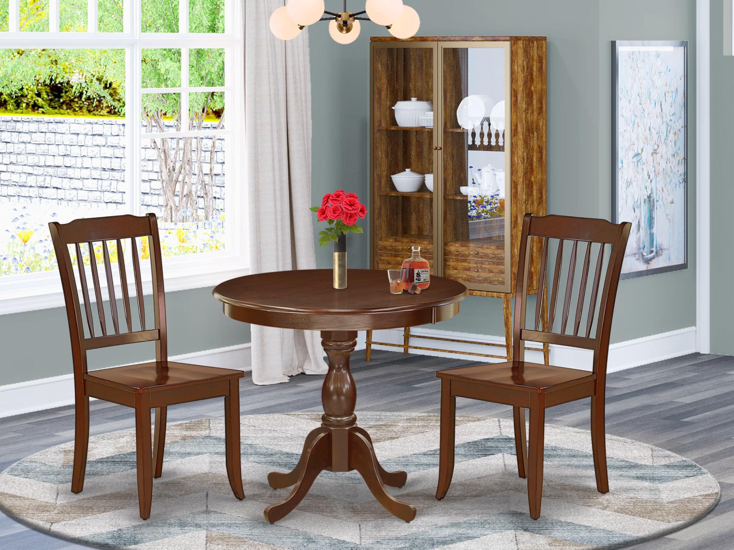 East West Furniture AMDA3-MAH-W 3-Piece Round Dining Table Set with Pedestal Base & 2 Chairs for Small Spaces - 36x36 Inch Mahogany Kitchen Table - Perfect for Apartments, Breakfast Nooks & Cozy Dining Areas
