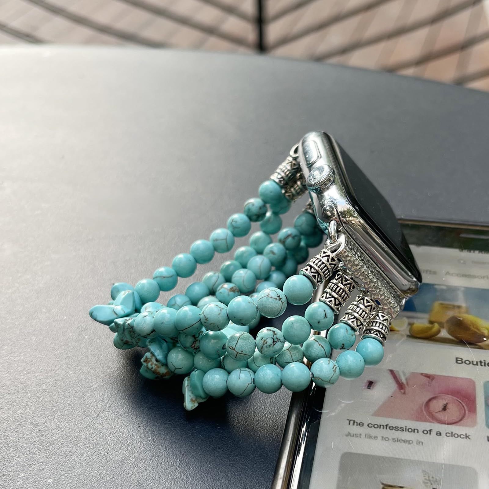 Turquoise Beaded Watch Band for Women - Compatible with Apple Watch 38mm 40mm 41mm 42mm 44mm 45mm 49mm & iWatch Ultra SE Series 9 8 7 6 5 4 3 2 1 - Elastic Replacement Strap for Casual, Office & Everyday Wear