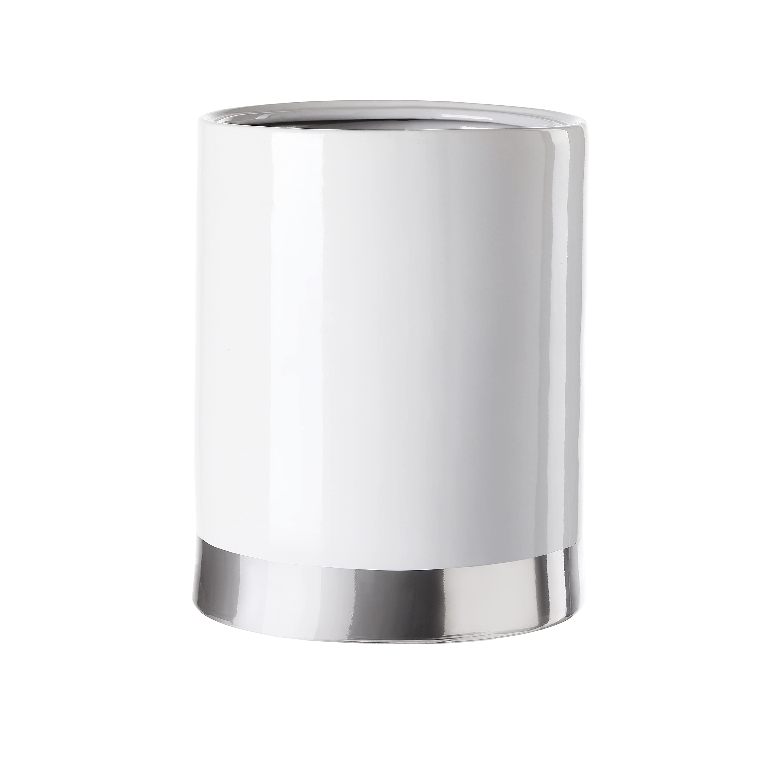 Ceramic Decorative Trash Can for Bathroom - Elegant White & Silver Waste Bin | Perfect for Powder Rooms, Guest Baths & Spa-Style Vanities
