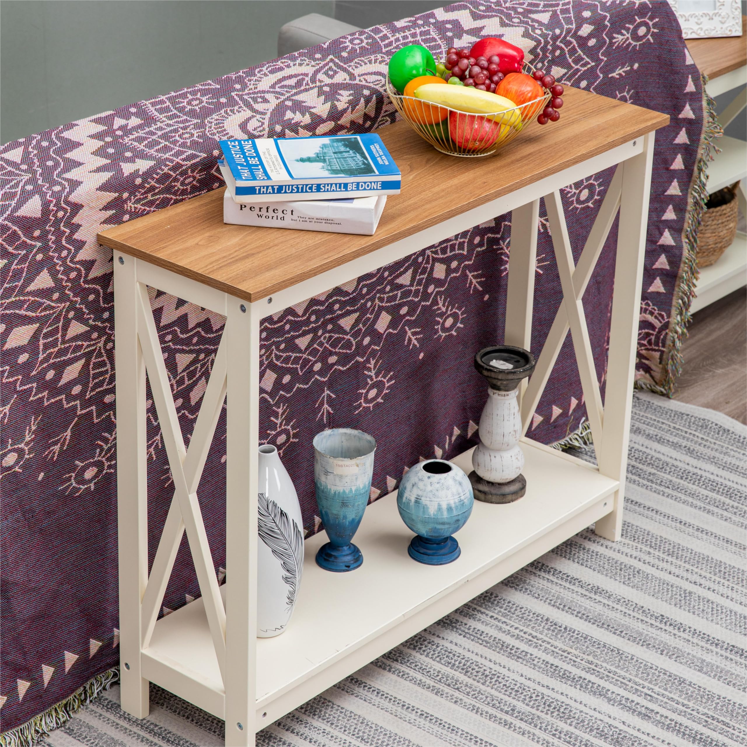 MFSTUDIO 2-Tier Console Table with Storage Shelf - Rustic Sofa Table, End Table, Computer Desk & Coffee Table for Living Room, Hallway, Bedroom - Perfect for Small Spaces & Home Office (Ivory)