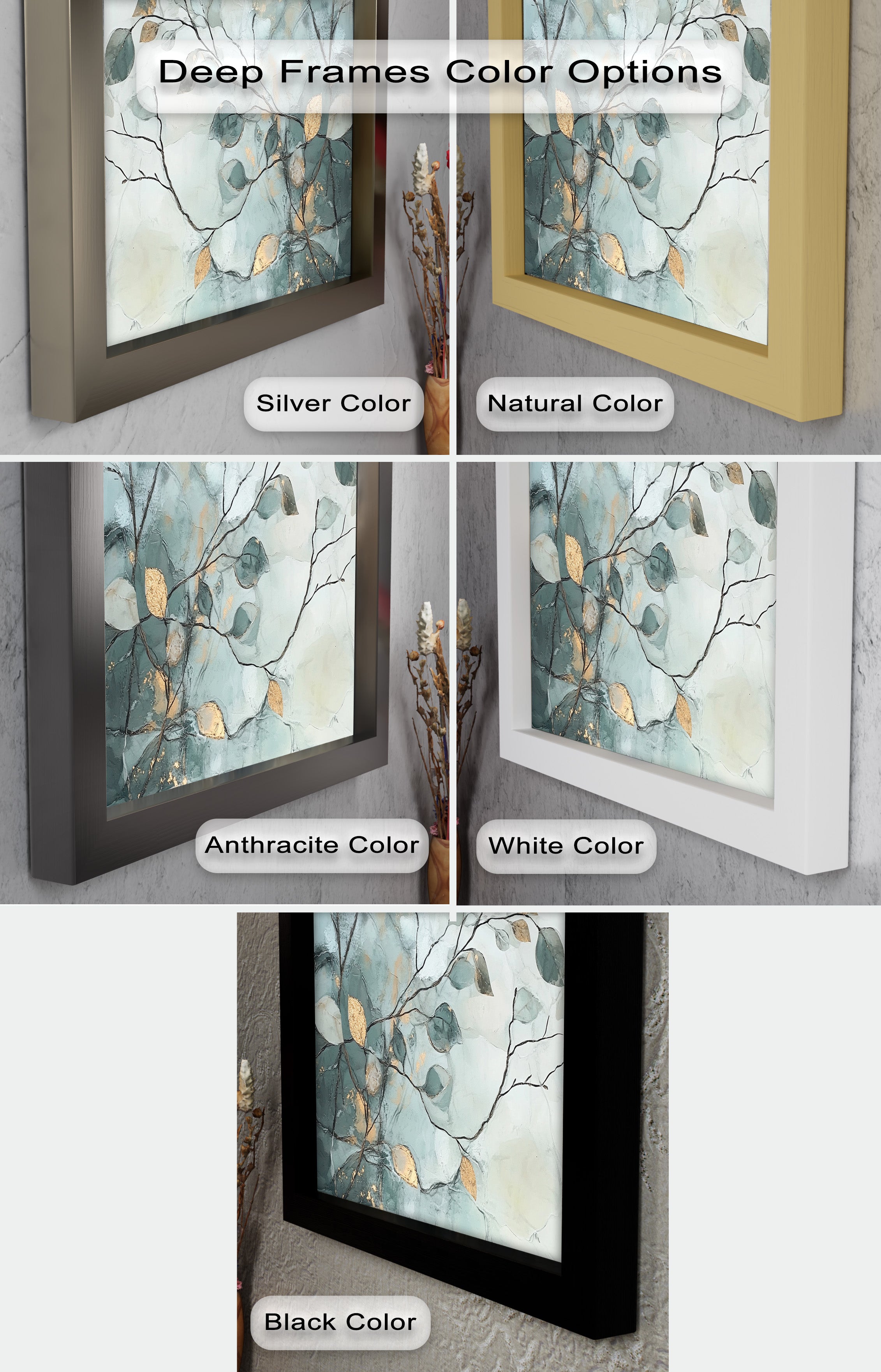 Blue and Metallic Leaf Branch Abstract Oil Painting - Handmade Canvas Wall Art for Living Room, Bedroom & Office Decor