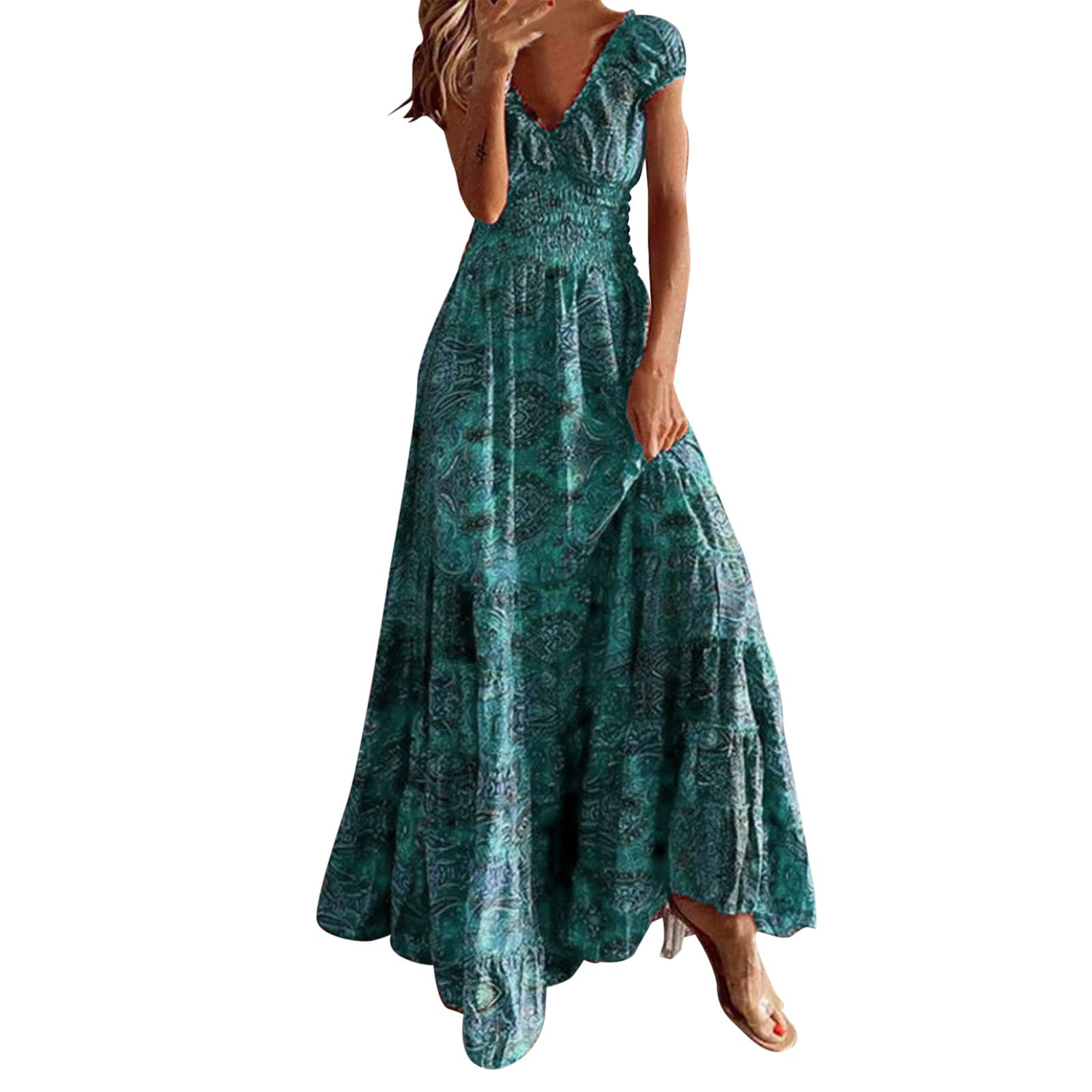 Elegant Women's Short Sleeve Evening Dress - Floral Boho Maxi Dress with A-Line Skirt, Sexy & Casual, Size Small | Perfect for Parties, Weddings & Summer Vacations