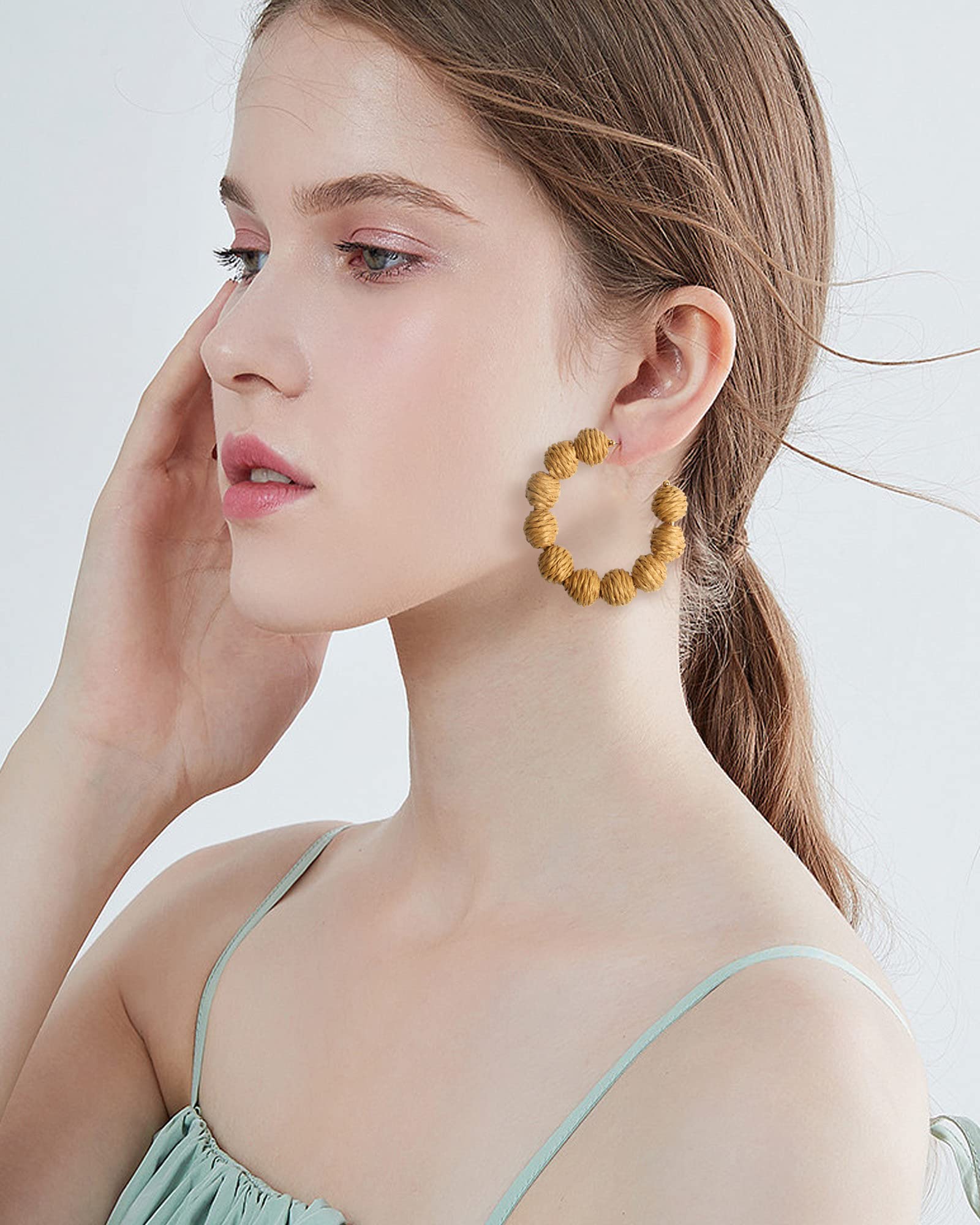 Handmade Rattan Hoop Earrings for Women - Boho Straw Dangle Earrings with Geometric Design, Summer Beach Statement Jewelry | Perfect for Vacation, Festival, and Boho Fashion Outfits