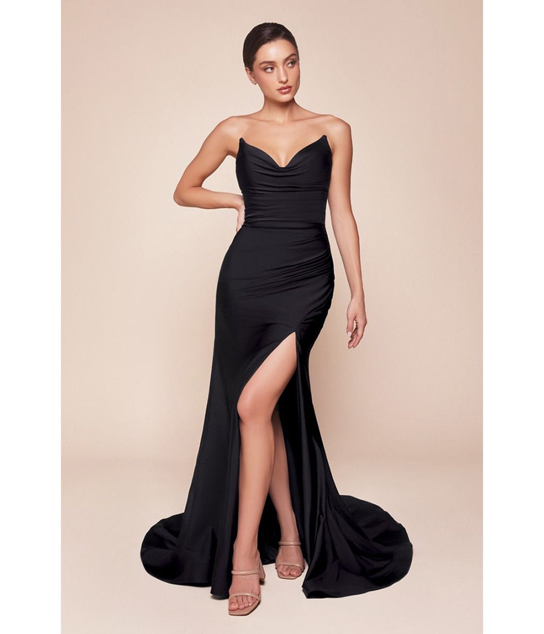 Ladivine by Cinderella Divine Black Satin Strapless Prom Dress with Slit - Elegant Formal Gown for Homecoming, Evening Party & Special Occasions