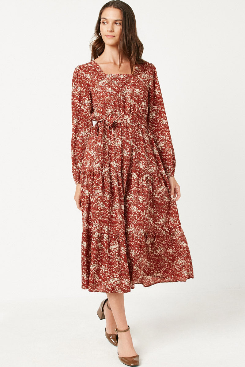 Women's Square Neck Puff Sleeve Belted Midi Dress - Elegant Flowy Summer Dress for Weddings, Parties & Date Nights