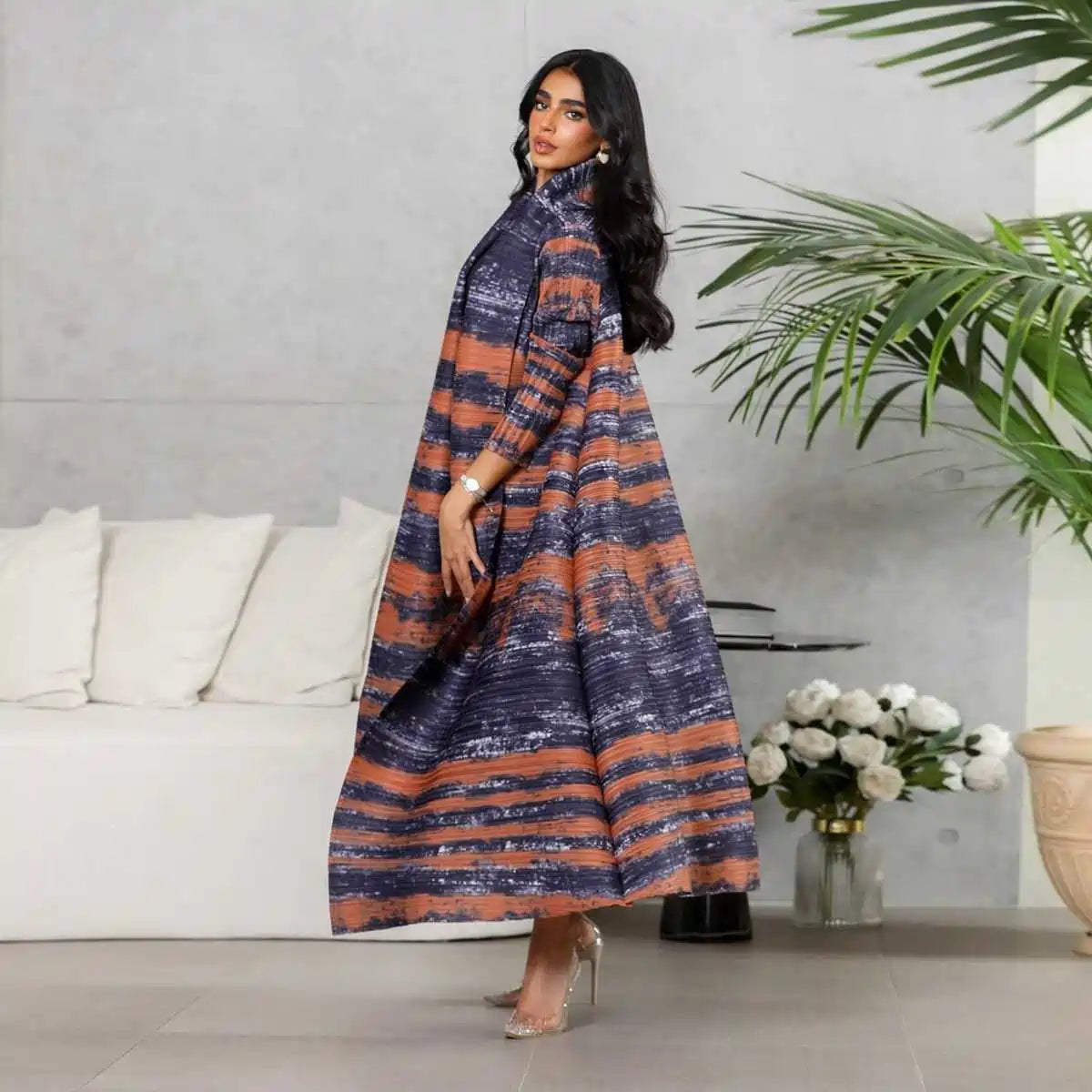 Elegant Pleated Sleeve Printed Cardigan Open Abaya Dress #25175 - Modest Fashion for Women, Perfect for Prayer, Special Occasions & Everyday Wear