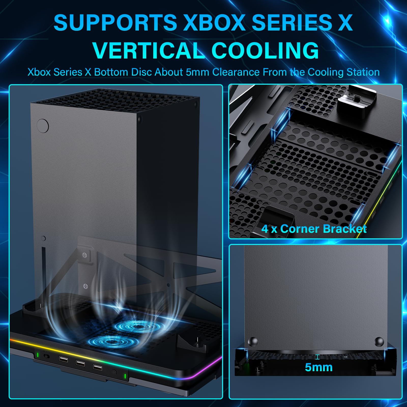 Luckit Vertical Wall Mount & Cooling Charging Stand for Xbox Series X/S - Dual Controller Charger Station with Cooling Fan, 3 USB Ports & 2 Headset Stand - Perfect for Gaming Setup & Console Organization