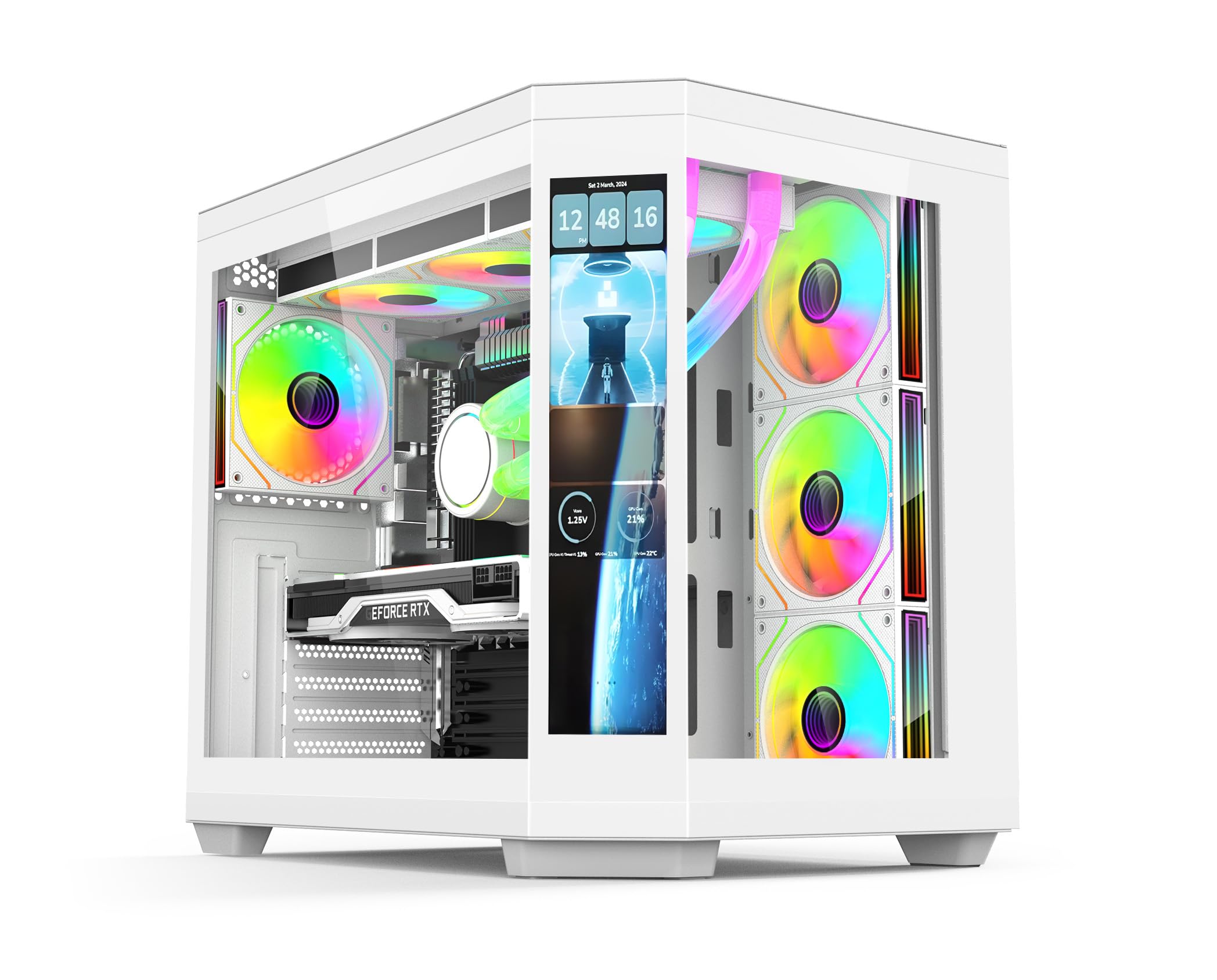 IONZ APEX Vision White ATX Mid Tower PC Gaming Case - Dual Chamber Design, 4 ARGB PWM Fans & LCD Screen - Perfect for High-Performance Gaming Rigs & Custom PC Builds