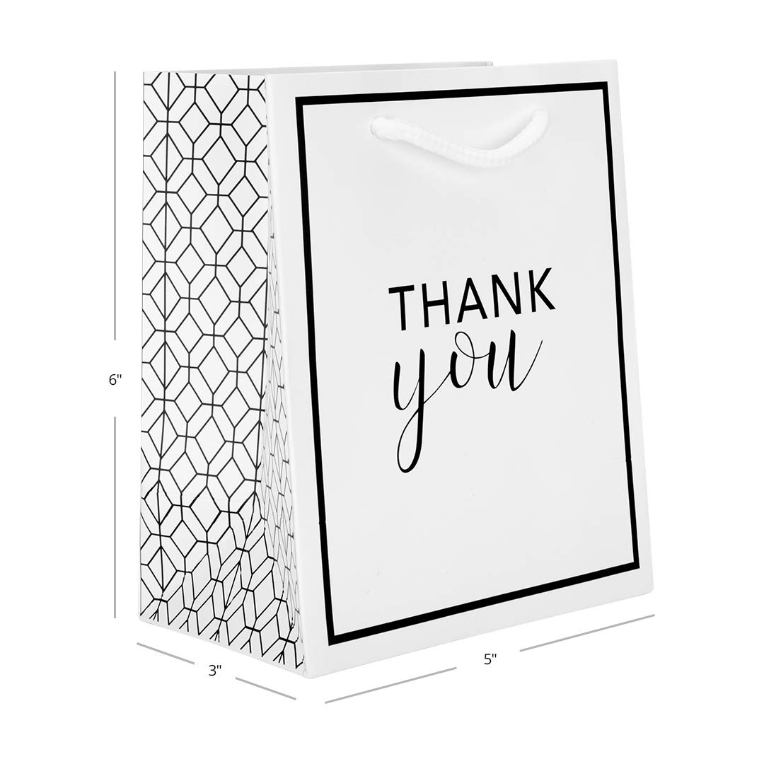 Andaz Press 25 Pack Mini Thank You Gift Bags with Handles & Tissue Paper - 5x6 Inches Modern Geometric Party Favor Bags for Weddings, Baby Showers & Corporate Events (Black/White) - Bulk Small Gift Bags for Treats, Favors & Guest Gifts
