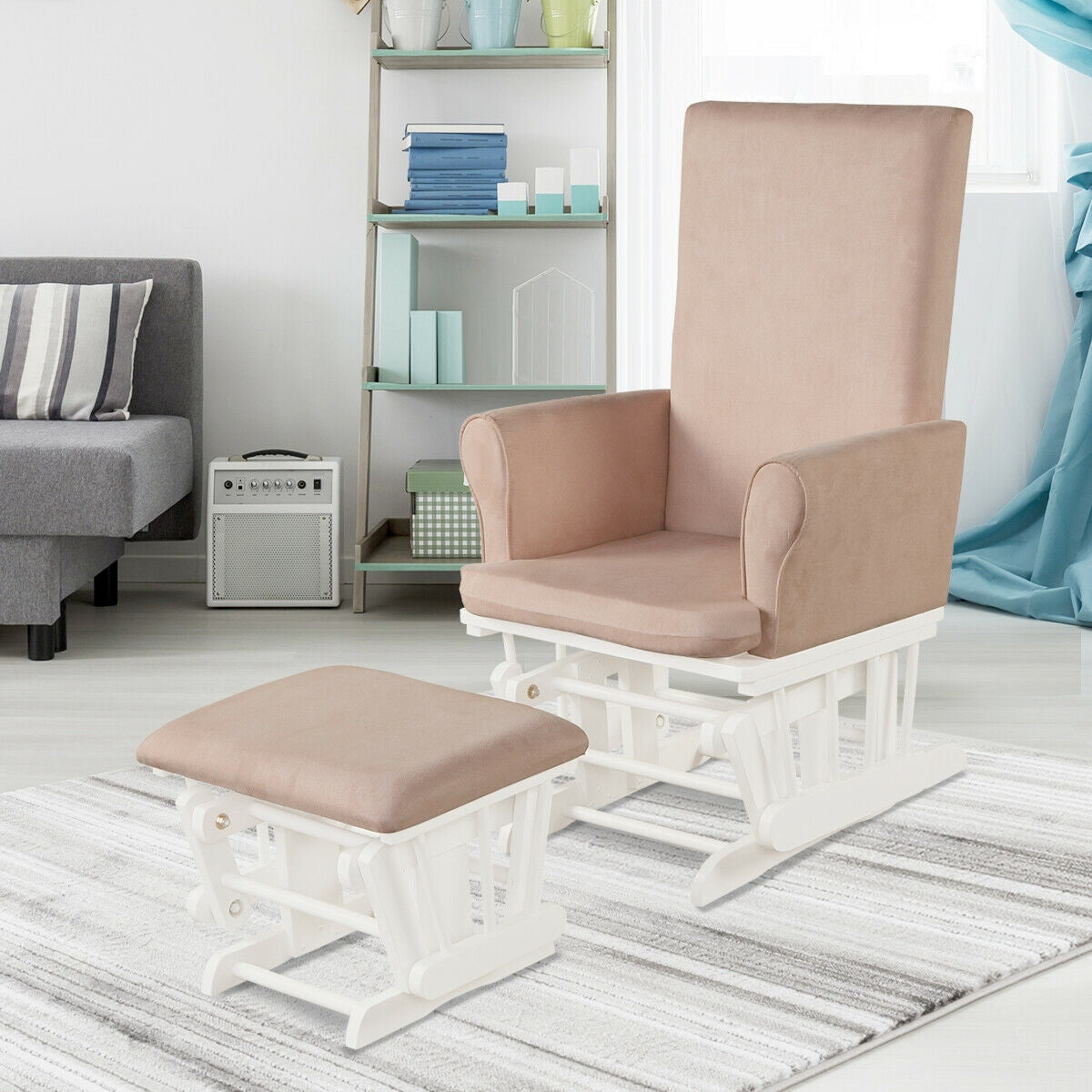 Pink Wooden Baby Nursery Glider and Ottoman Cushion Set - Comfortable Rocking Chair for Breastfeeding, Nursery Room, and Relaxation