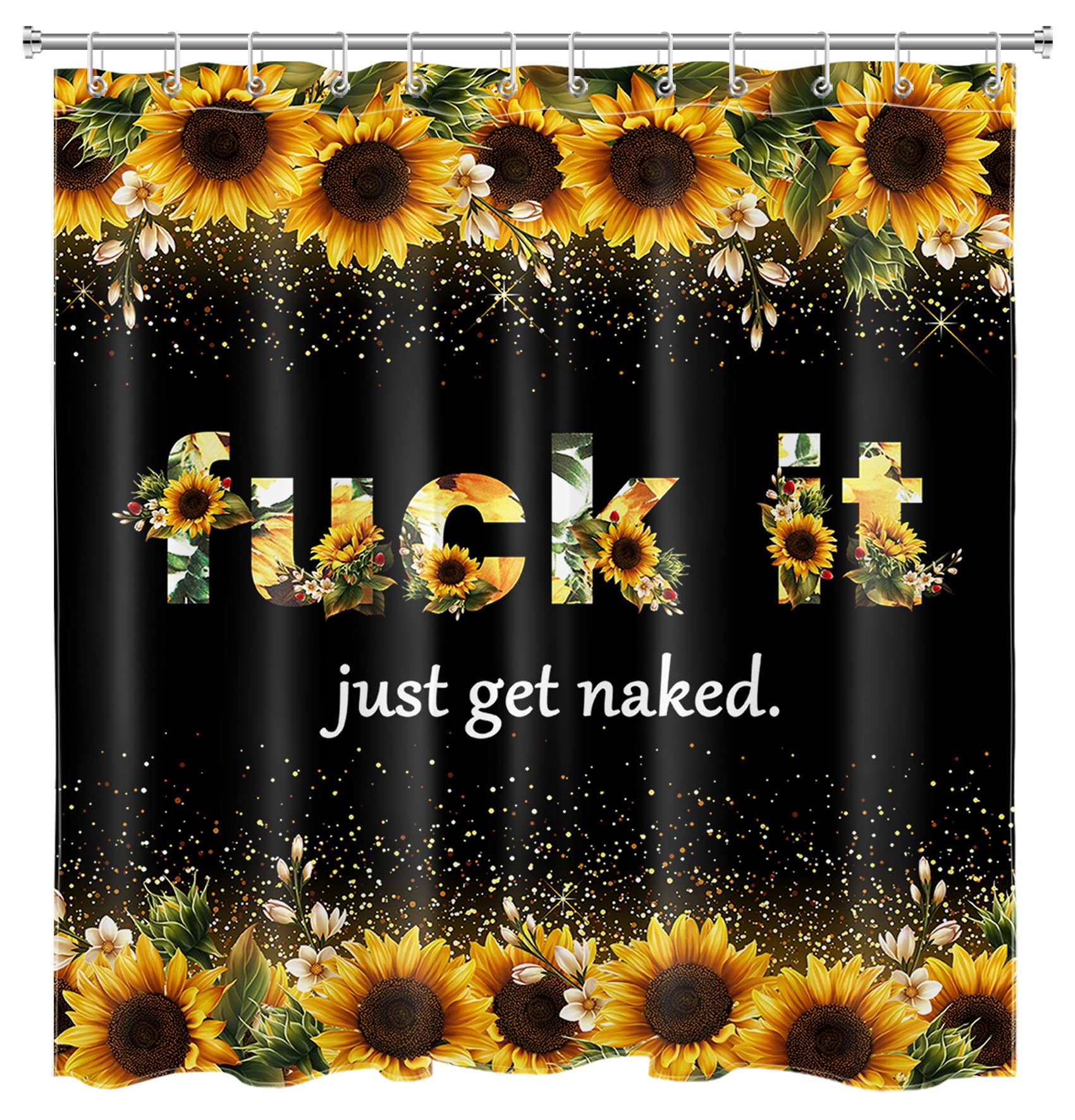 HVEST Funny 'Fuck It Just Get Naked' Shower Curtain - Farmhouse Yellow Floral Sunflower Design on Black Background, Waterproof Fabric Bathroom Decor with Hooks, 72x72 Inches - Perfect for Farmhouse, Boho or Vintage Style Bathrooms