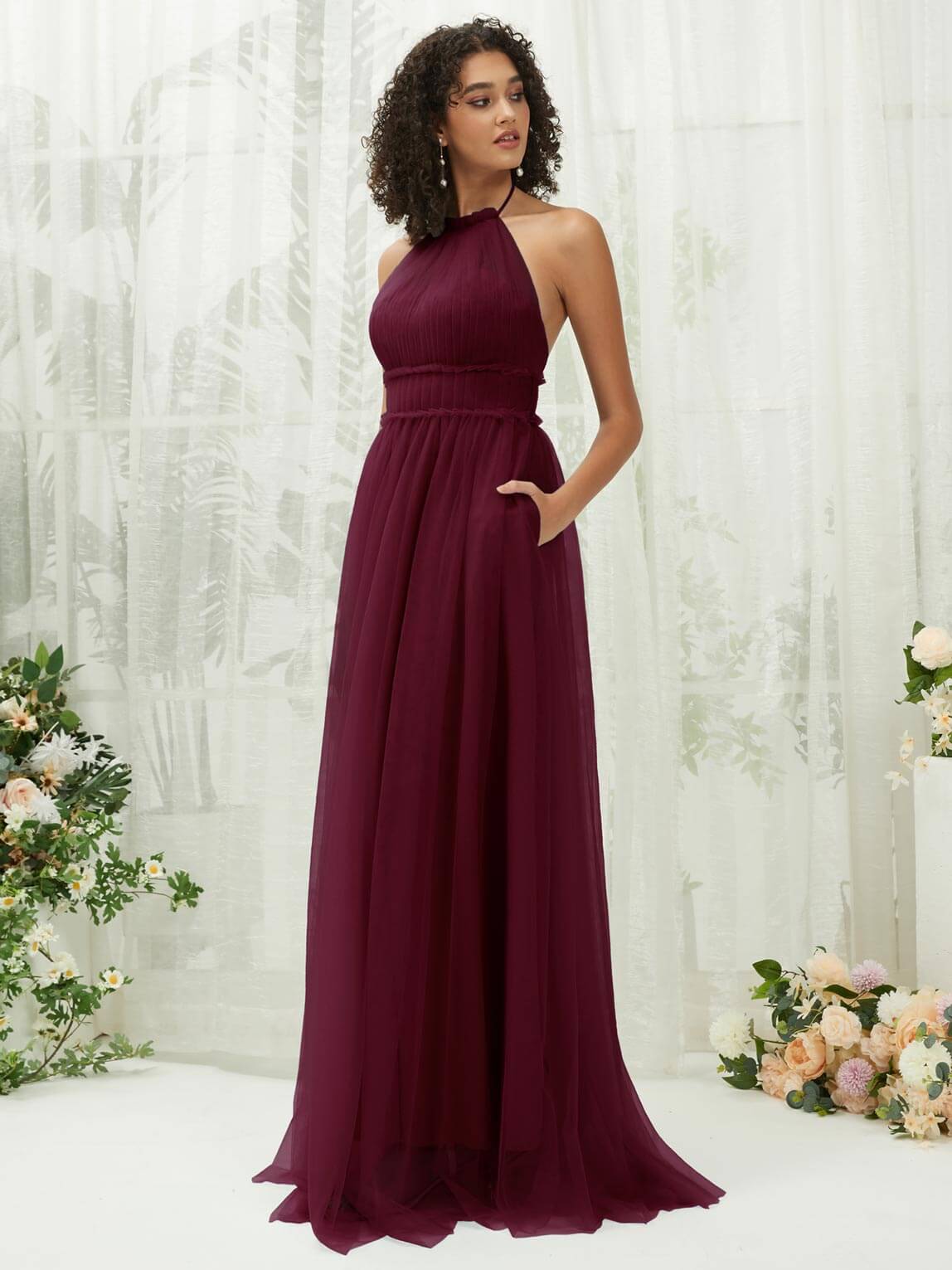 Elegant Burgundy Tulle Halter Neck Floor-Length Bridesmaid Dress with Hidden Pocket - Perfect for Weddings, Formal Events & Special Occasions