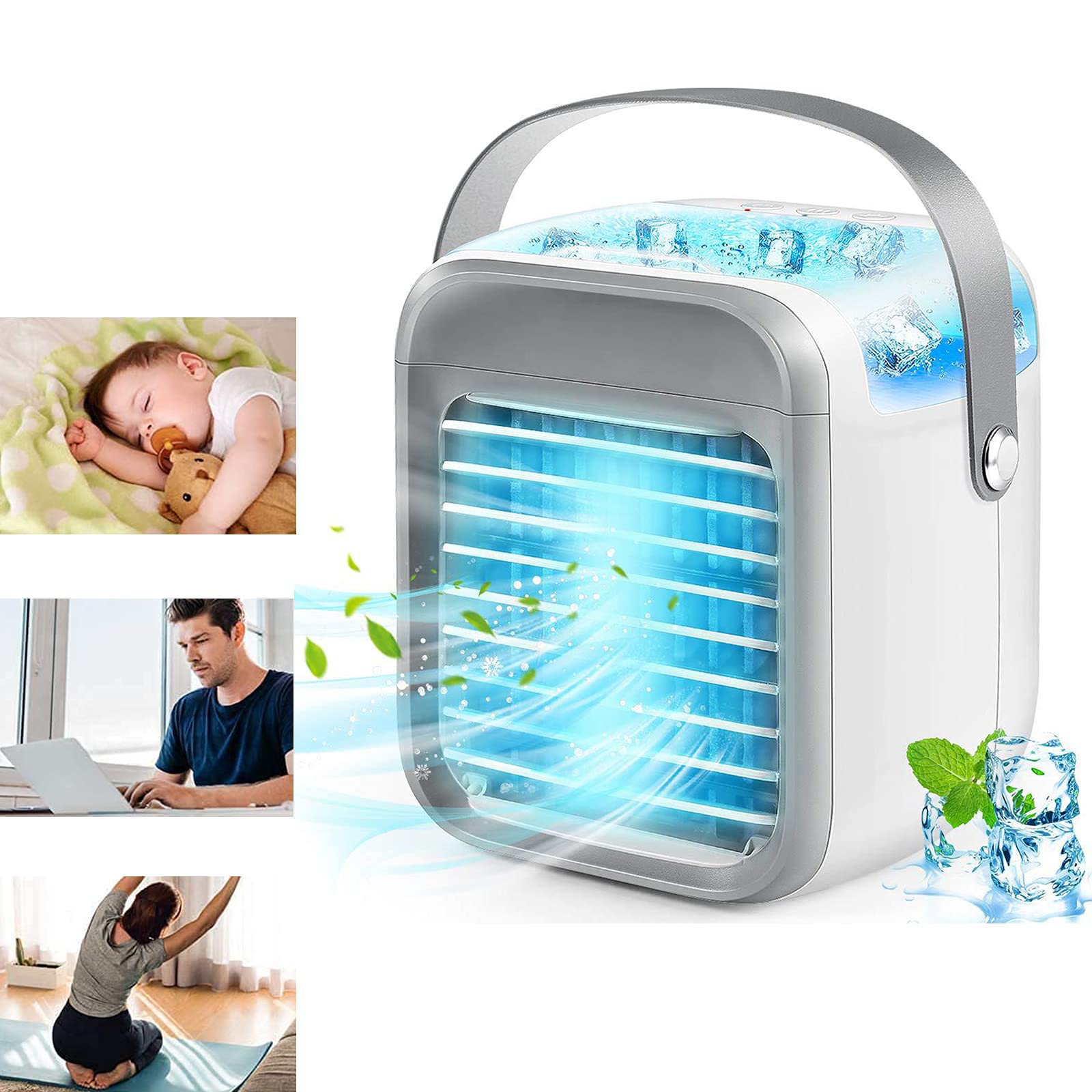 Portable Air Conditioner Fan with 2000mAh Battery & USB Charging - Personal Cooling Fan for Office, Bedroom, Camping & Outdoor Use - Gray