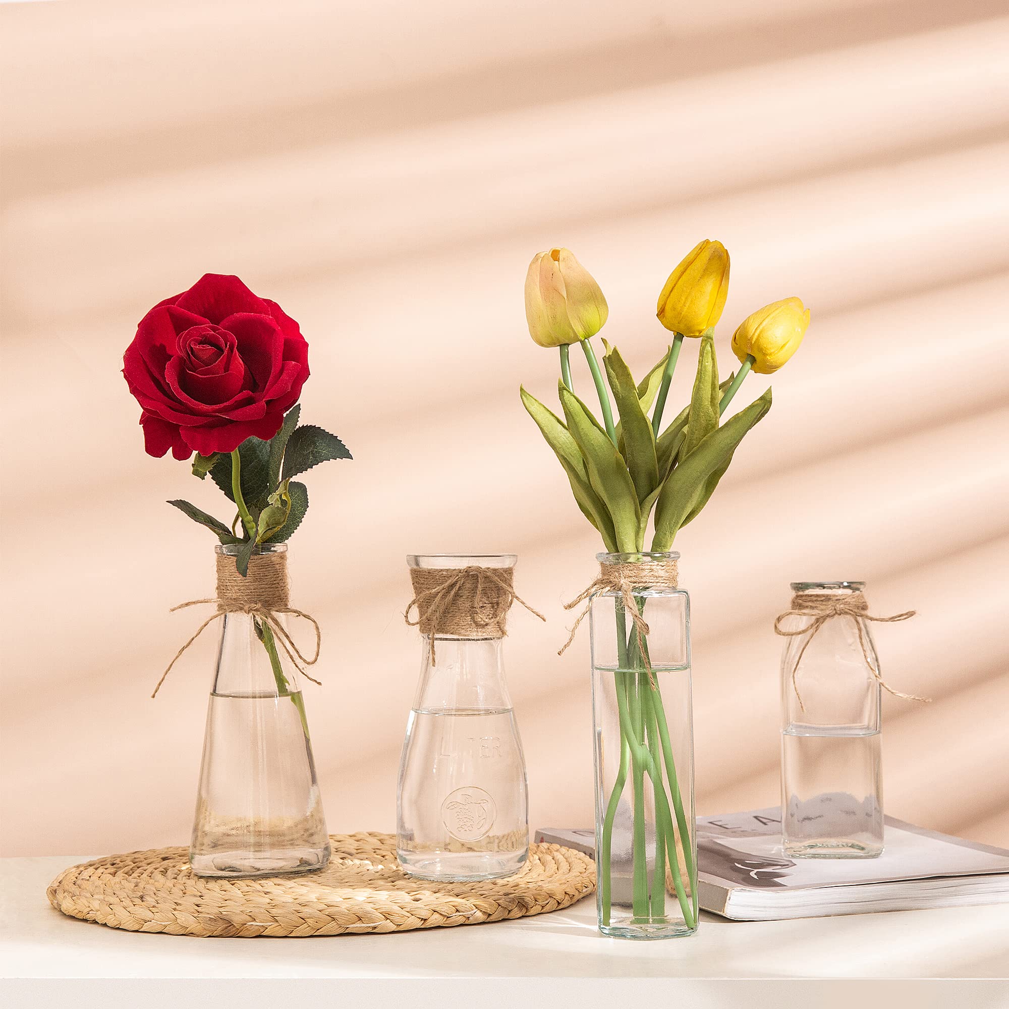 10 Pack Small Clear Glass Vases with Rope Design - Unique Shapes Flower Vases for Home Decor, Wedding Centerpieces, Holiday Table Decorations & DIY Floral Arrangements