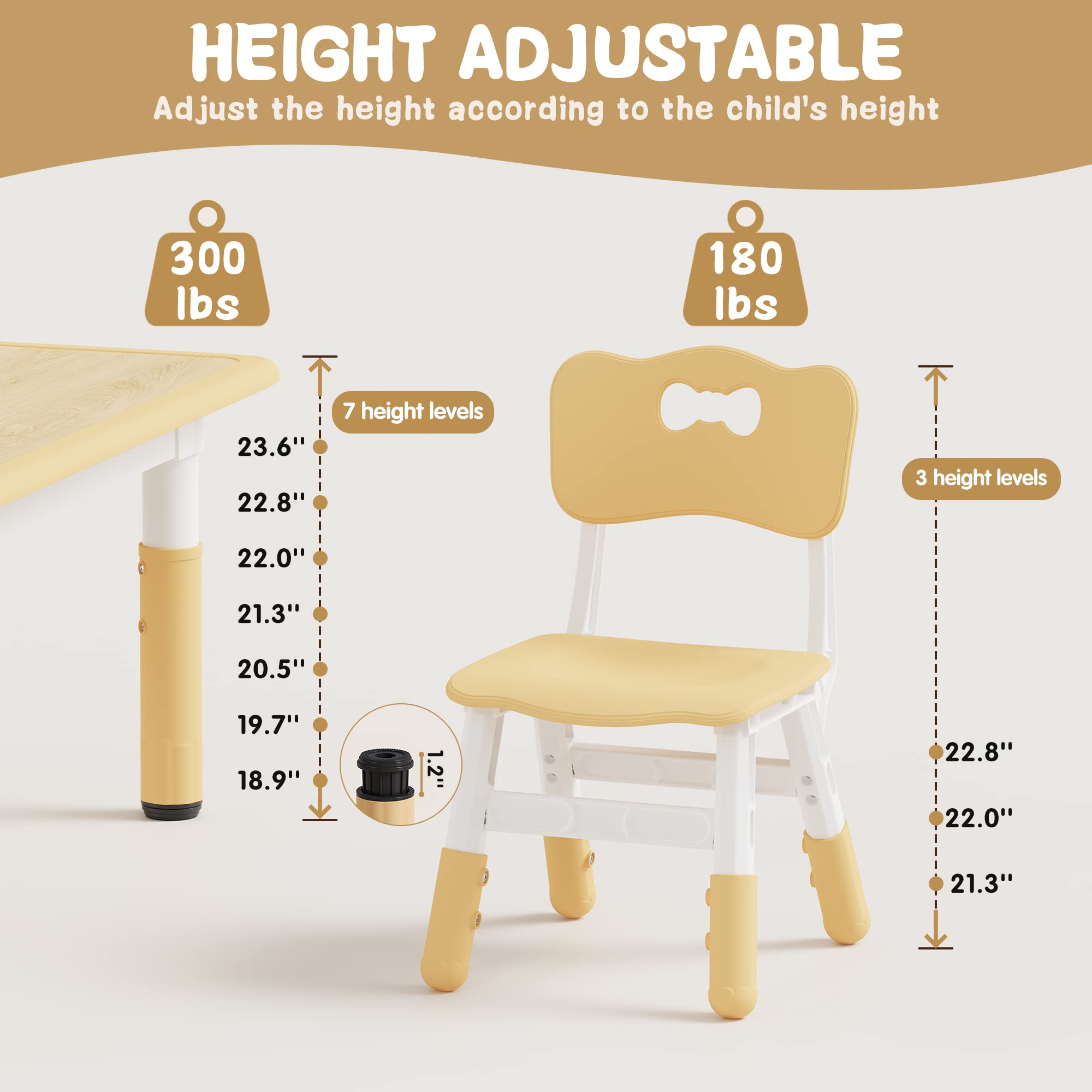 Brelley Adjustable Height Kids Table and 6 Chairs Set - Toddler Activity Table with Graffiti Desktop for Classroom, Daycare & Home - Perfect for Arts, Crafts & Learning Activities (Ages 2-8)