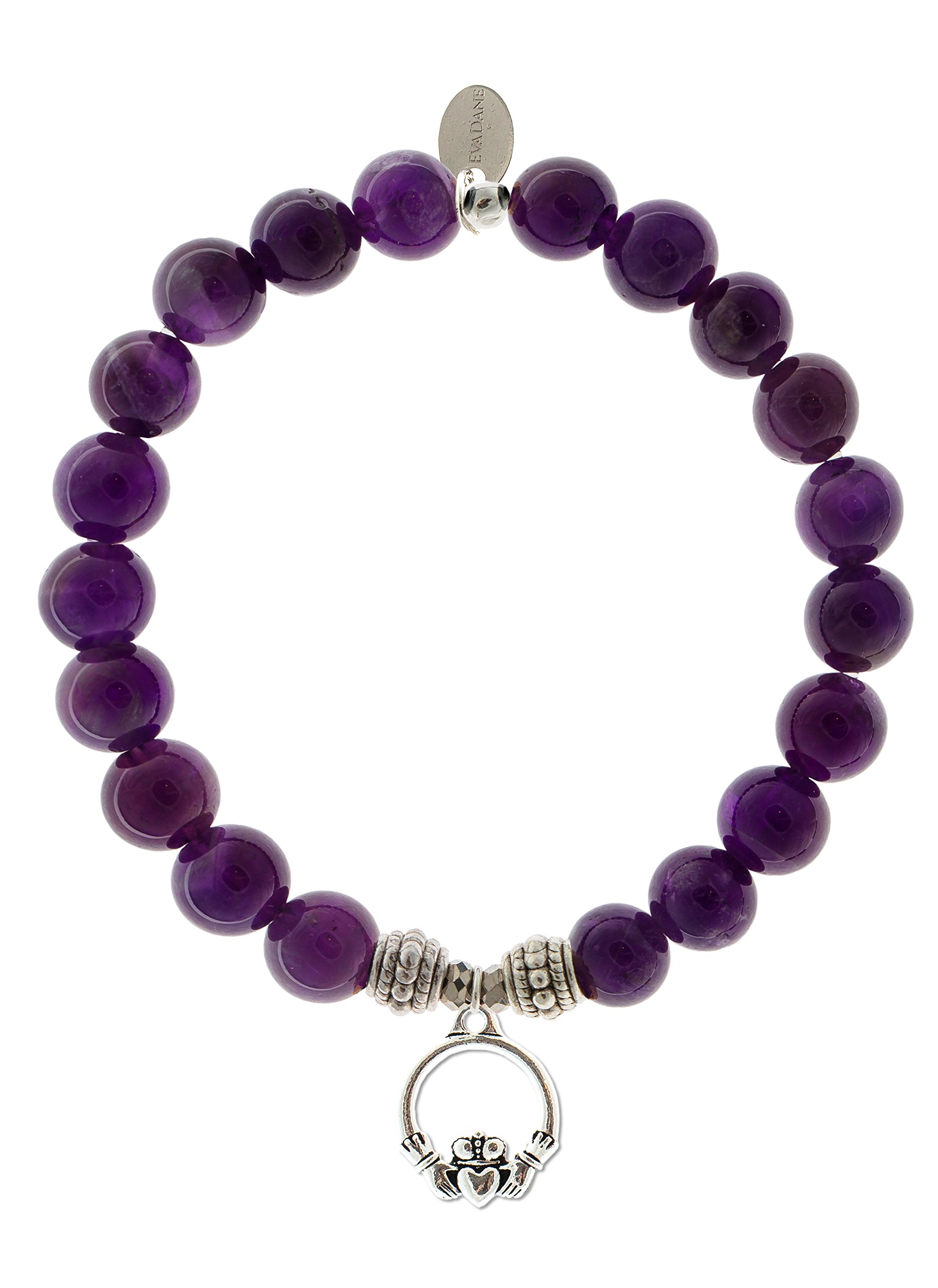 Natural Amethyst Gemstone Stretch Bracelet with Rope Bead & Claddagh Charm - Adjustable Healing Crystal Jewelry for Women, Gift for Her, Yoga & Meditation Accessory