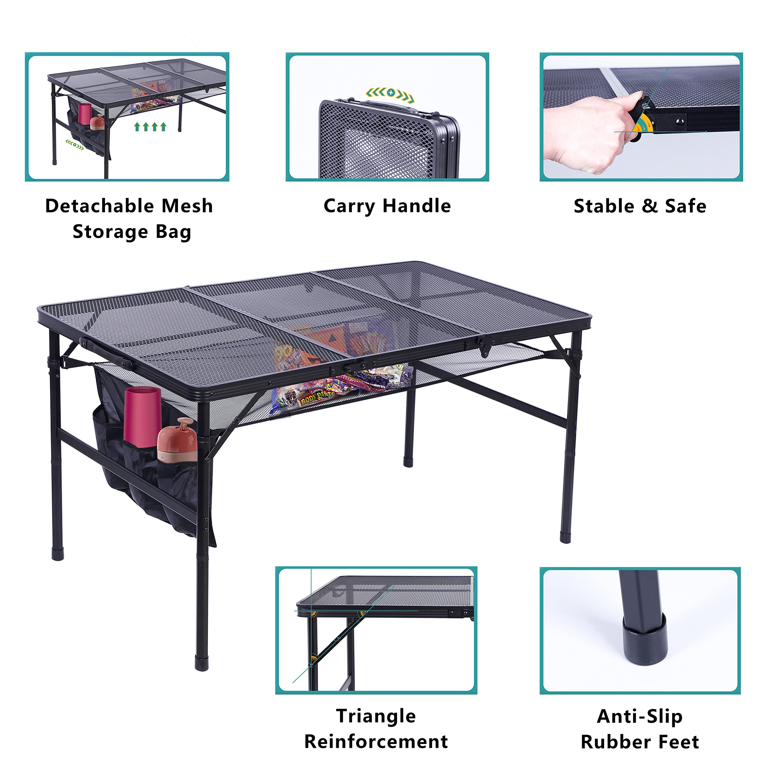 Adjustable Height C-Shaped Grill Table - Portable Outdoor Camping & Picnic Side Table with Mesh Storage Bag & Carry Handle (47.3